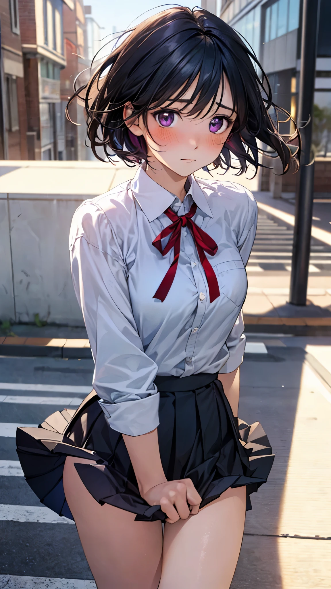 (masterpiece:1.2, top-quality), (realistic, photorealistic:1.4), beautiful illustration, (natural side lighting, movie lighting), ,
(looking at viewer), 1 girl, japanese, high school girl, perfect face, cute and symmetrical face, shiny skin, ,
(short hair:1.2, shaggy cut:1.2, dark blue hair), hair between eyes, purple eyes, drooping eyes, long eye lasher, (large breasts:0.6),
beautiful hair, beautiful face, beautiful detailed eyes, beautiful clavicle, beautiful body, beautiful chest, beautiful thighs, beautiful legs,
((symmetrical clothing, white collared shirts, light grey pleated skirt, red neck ribbon)), black socks,
(beautiful scenery), day time, school rooftop, (facing the front), (impatient expression, blushing cheeks, embarassed expression), (((skirt tug, wind lift))),