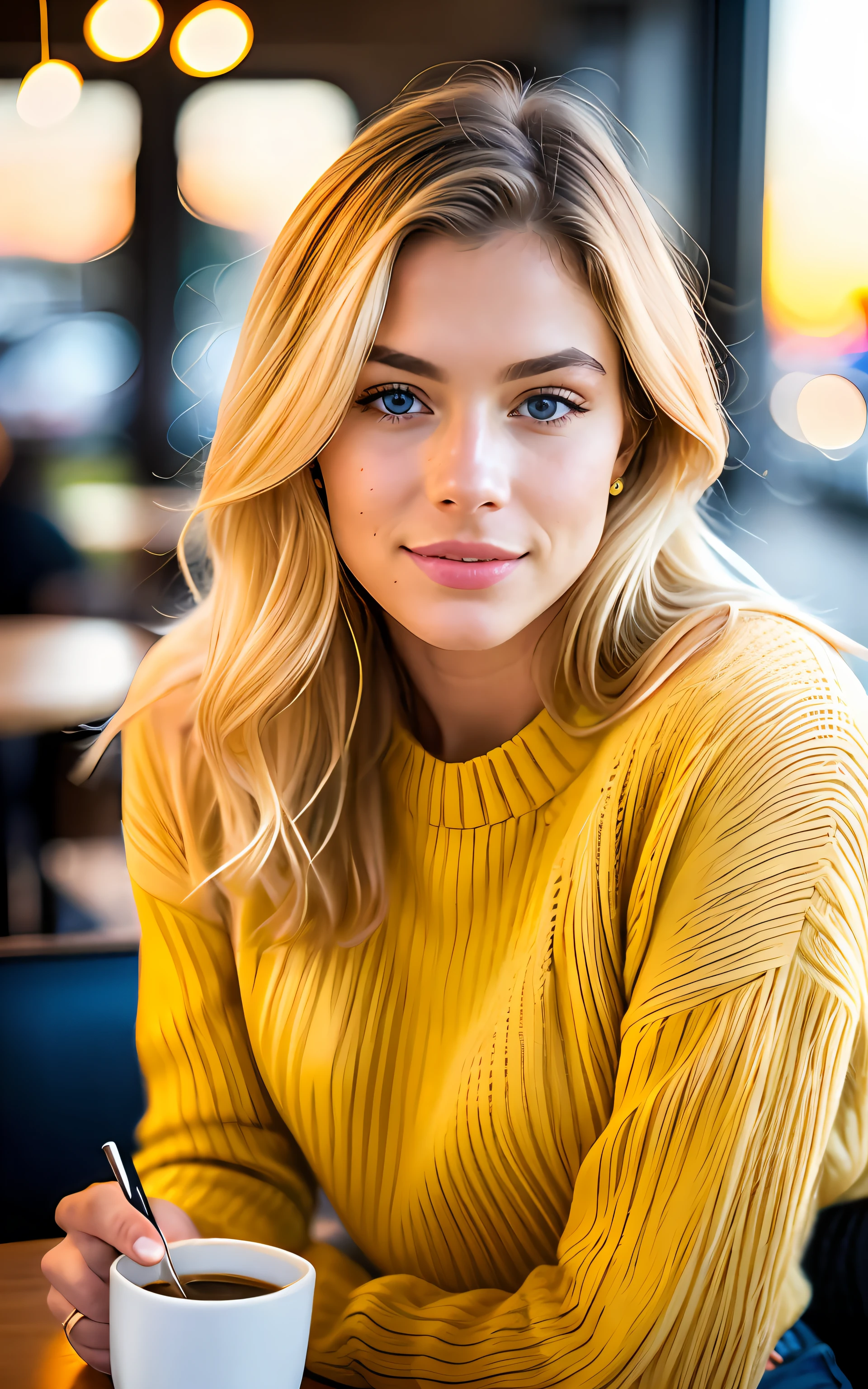 beautiful beautiful blonde wearing yellow sweater (drinking coffee inside a trendy cafe at sunset), muito detalhado, 21 anos de idade, cara inocente, cabelo com ondas naturais, olhos azuis, high resolution, obra de arte, melhor qualidade,detalhes intrincados, altamente detalhado,sharp focus, pele detalhada,realista skin textura,textura, olhos detalhados, profissional, 4k, sorriso encantador, filmado em Canon, 85mm,profundidade superficial de campo,Kodak Vision Colors, corpo em forma perfeita, extremamente detalhado, foto_\(ultra\), fotorealista, realista, post-processing, maximum detail, rugosidade, Vida real, ultra realista, fotorealism, fotography, 8K Ultra HD, fotography