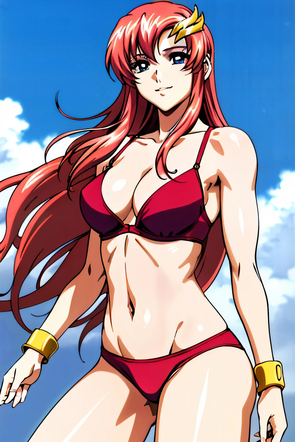 lacus4, (red bikini, groin lines), (masterpiece, cowboy shot, very slim shoulders, 4K, Best Quality, Anime style: 1.9, happy, Adult Woman, (ultra detailed head), (cloud background), Drawing lines, high resolution, lacus4), 1girl, Solo, curvy figure, Long hair, 鎖骨, scapular, (Detailed wide hair bangs, Hair Ornament, Detailed reddish-pink hair, shiny streaks, slim arms, detailed golden crest), cleavage, large hands, (hair cover shoulders). (Big blue eyes, shiny eyes), ((female wrestler, (slim body), little biceps, slim arms, closed fists, thighs)), ((perfect proportions, medium breasts, long belly)), ((totally red bra, neck band, bracelets))), smile, (standing, hot colors), detailed fingers, (bare shoulders)