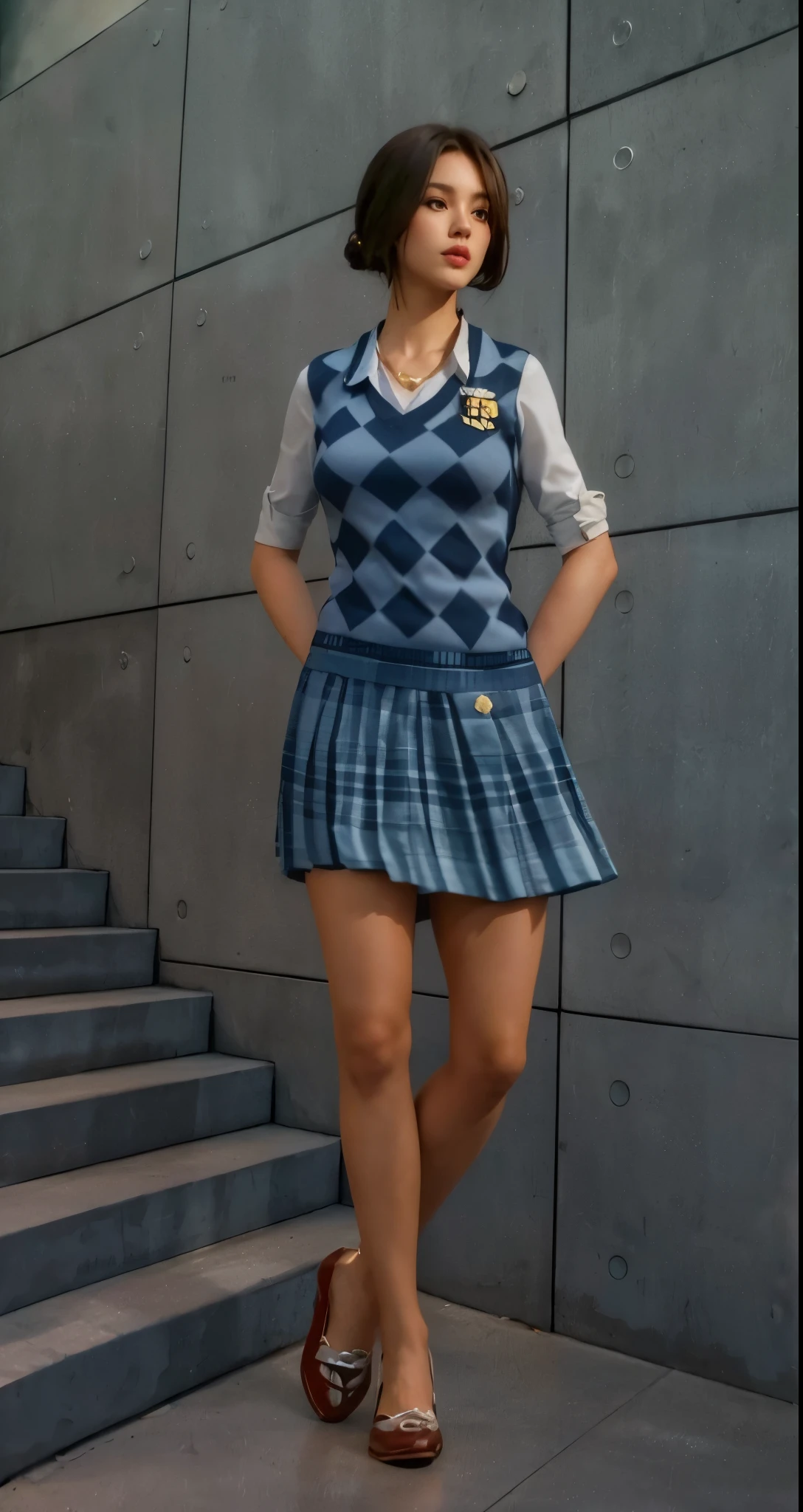 Real life adaption of this character, beauty girl face, realistic same hair, eyes looking to camera,detail eyes,realistic same outfit, realistic same uniform, with same pattern, realistic same skirt, realistic same shoes, realistic background, realistic light, realistic shadow, realism, hyper realistic,(photorealistic 1:2),high definition,detail,4k