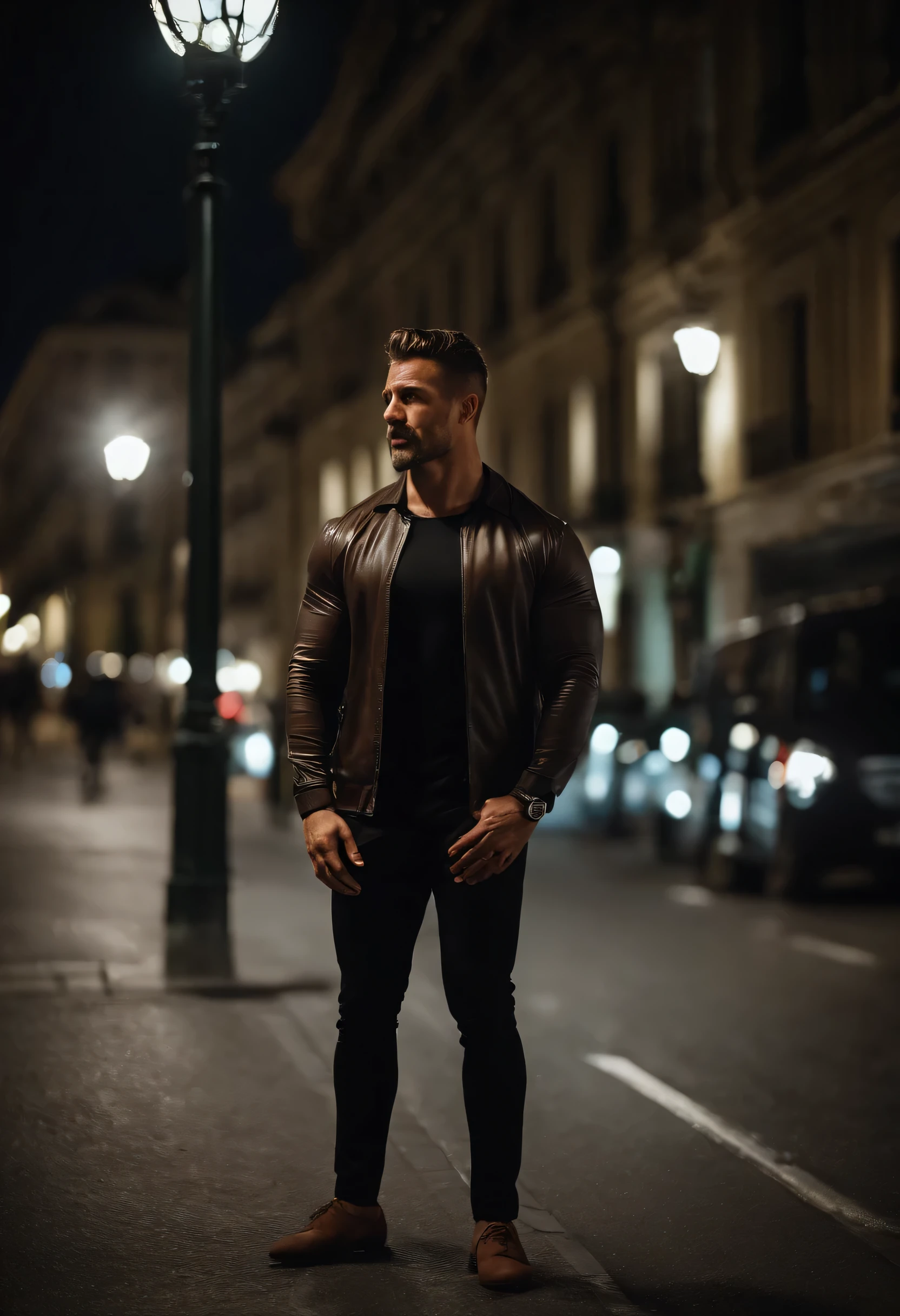 Un très bel homme muscle coache , 29 ans, Les cheveux brun foncé, origine italienne, Apportez un costume, pourparlers, direction sur un trottoir de la grande ville, la nuit