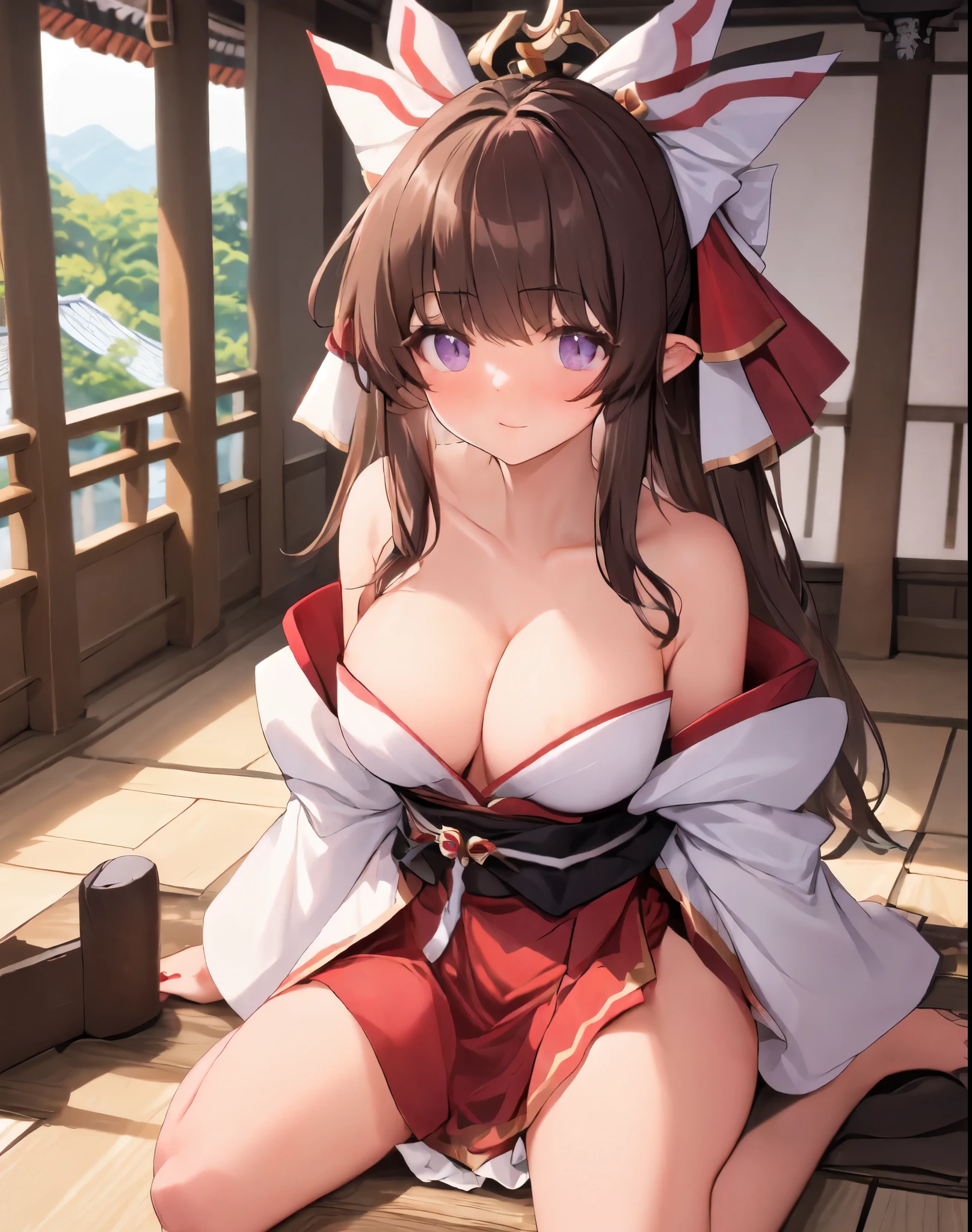 (masterpiece, best quality, 8k), (nsfw:1.5), 1girl, dark brown hair, hair cowlick, purple eyes, shrine maiden outfit, miko, short hakama, sexy, cleavage, shrine palace, lewd expression, blushing