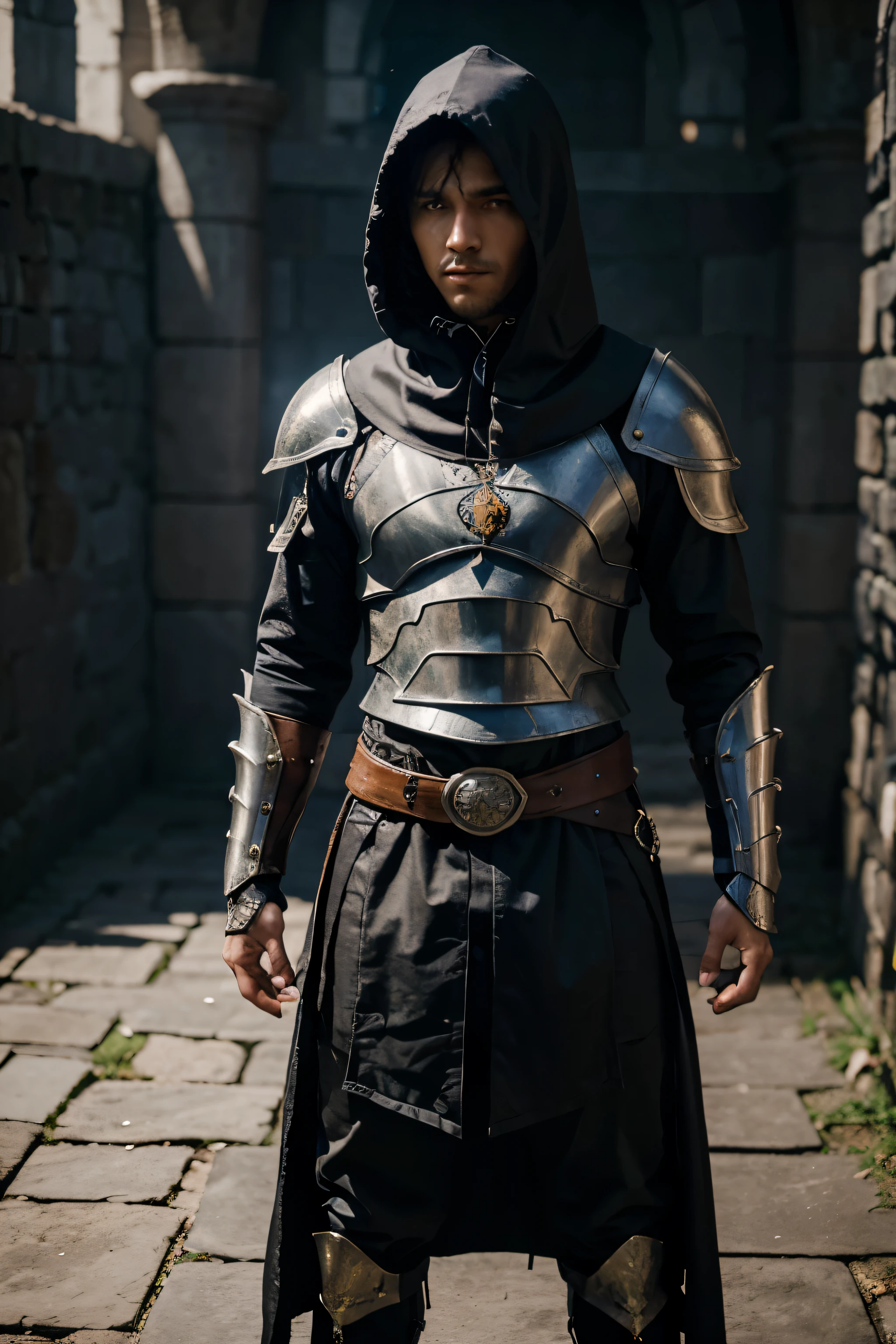 man standing, dressed in a hooded outfit and pieces of armor, duas espadas, asas criada como magia, Recursos de fantasia, desenho 2D, anime, 4k
