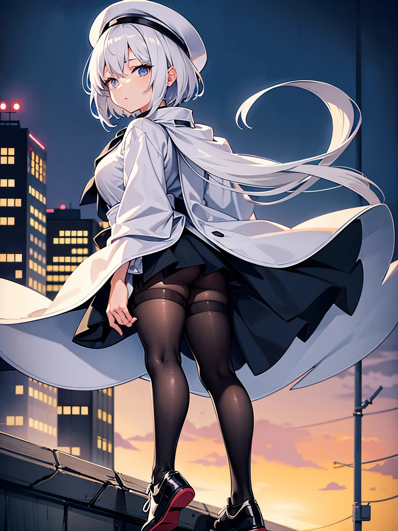 An adult woman lingering on the roof of a building overlooking the night view of Tokyo and the sea.、She has white lob hair with a short bob and wears a large black witch hat with sapphire accessories.、her appearance is stylish、she is wearing a long black coat、I'm wearing a white T-shirt、Black long skirt、Black sneakers with white shoelaces、black tights、Black Short Leggings、2D illustration、Japan anime、drawn by Japanese ilastrator、high resolution、4K quality、high quality、High resolution、5 million pixels、high detail、No correction