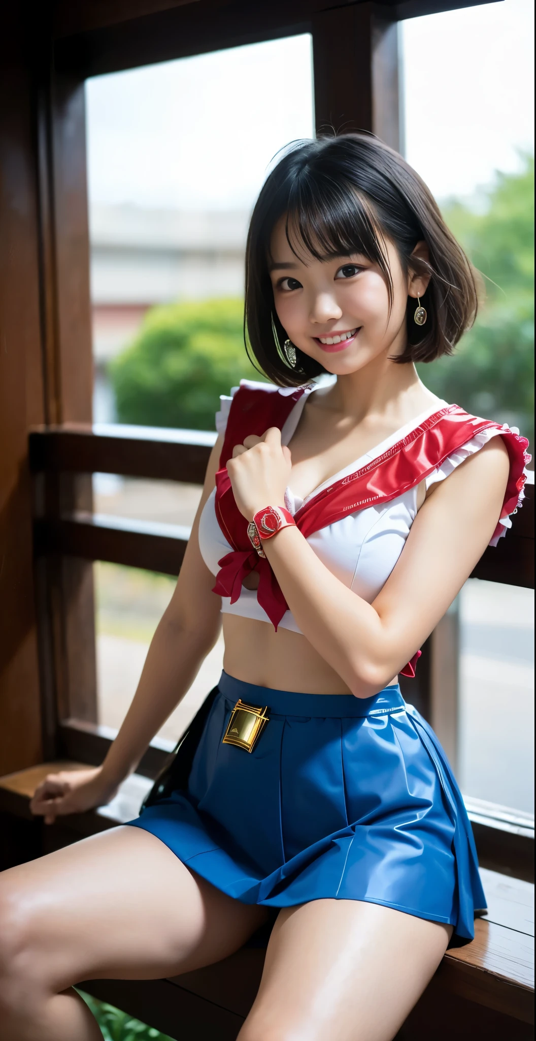 （8K、Raw photography、highest quality、masterpiece：1.2),(black haired、very short hair:1.7),show viewer,think ahead,(super sentai series、She is wearing a red Precure costume.:1.6)、(Clothing that emphasizes the shape of your chest:1.3)、(big breasts :1.3)、slim body shape、ultra high resolution,beautiful,beautiful fece,(alone, alone、no background:1.9),whole bodyボディー,、(black eye、japanese woman: 1.3),（Photoreal：1.37）、photon mapping,reality、(Cute with a baby face: 1.1)、(cute smile: 1.7)、(With a round face: 1.8)、radio city、Physically based rendering、depth of field rally background、photograph, (I can see your knees,close up of thighs、blue skirt is too short、spread your legs、showing off white panties:1.2),whole body、super fine