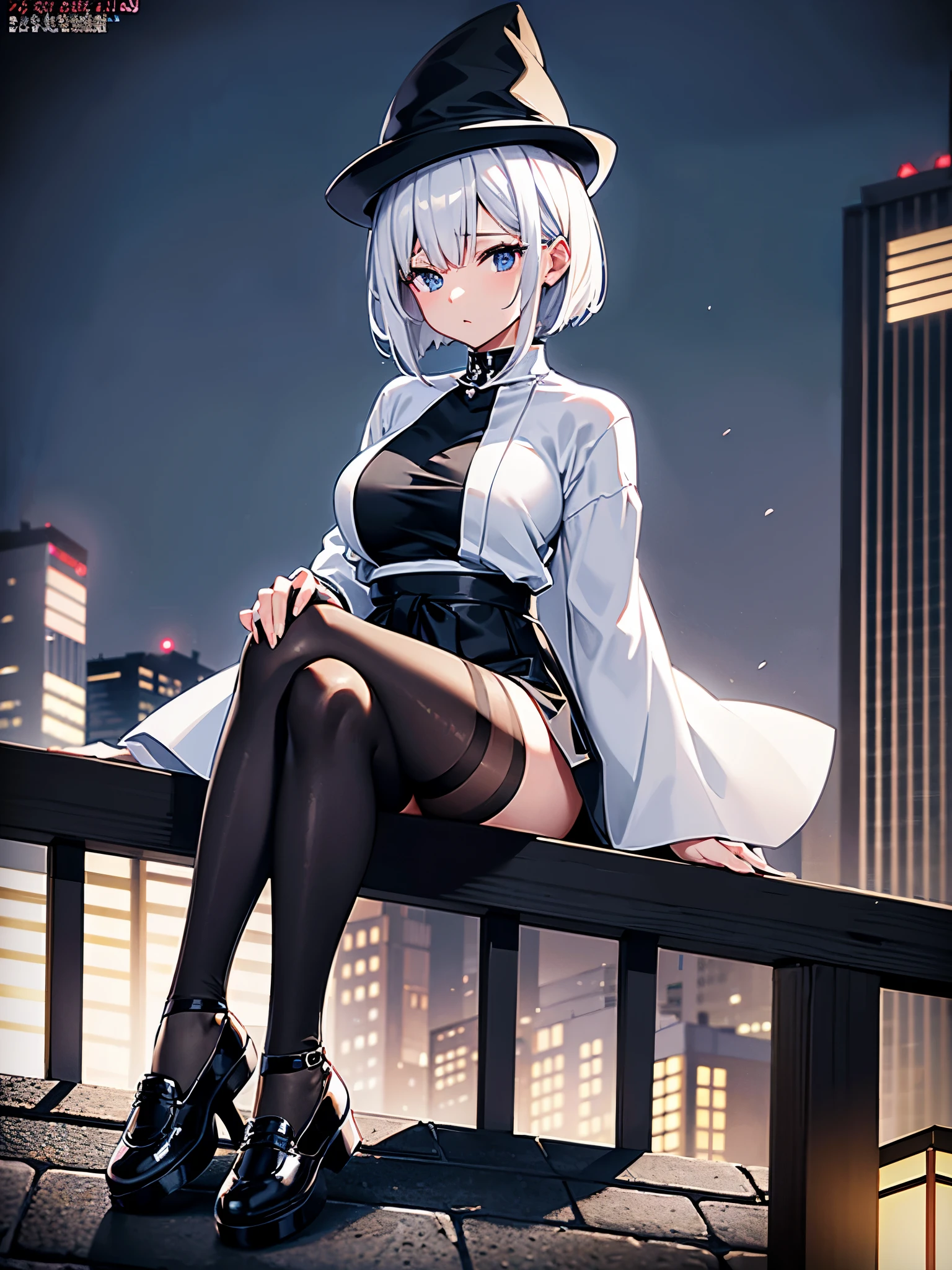 An adult woman lingering on the roof of a building overlooking the night view of Tokyo and the sea.、She has white lob hair with a short bob and wears a large black witch hat with sapphire accessories.、her appearance is stylish、she is wearing a long black coat、I&#39;m wearing a white T-shirt、Black long skirt、Black sneakers with white shoelaces、black tights、Black Short Leggings、2D illustration、Japan anime、drawn by Japanese ilastrator、high resolution、4K quality、high quality、High resolution、5 million pixels、high detail、No correction