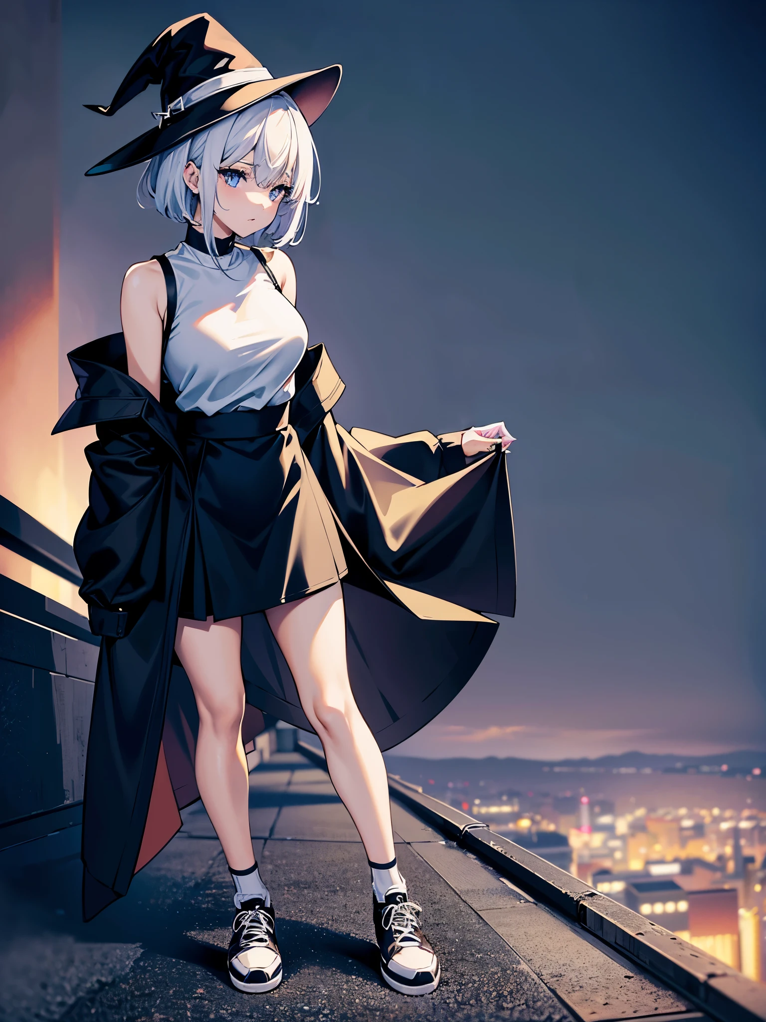 An adult woman lingering on the roof of a building overlooking the night view of Tokyo and the sea.、She has white lob hair with a short bob and wears a large black witch hat with sapphire accessories.、her appearance is stylish、she is wearing a long black coat、I'm wearing a white T-shirt、Black long skirt、Black sneakers with white shoelaces、black tights、Black Short Leggings、2D illustration、Japan anime、drawn by Japanese ilastrator、high resolution、4K quality、high quality、High resolution、5 million pixels、high detail、No correction