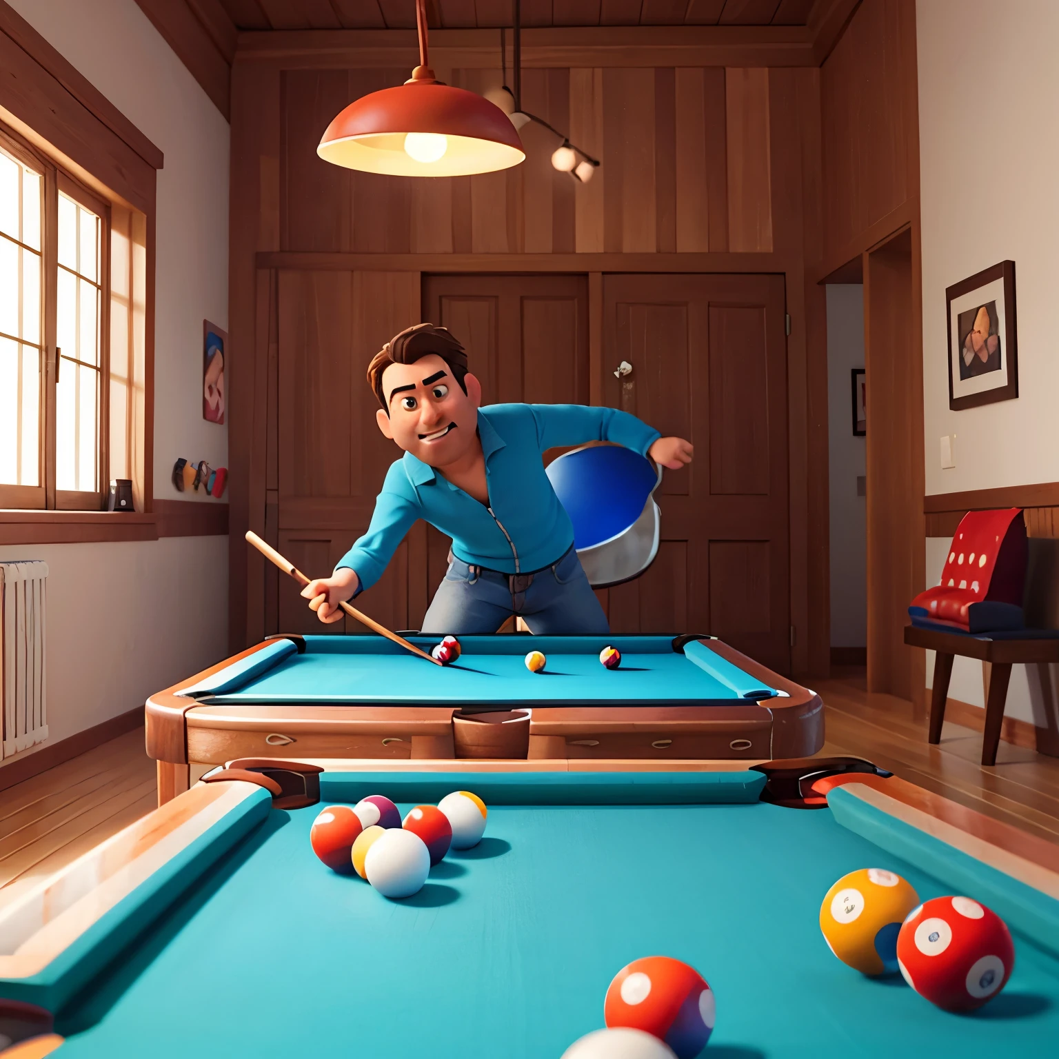 create a pixar-style character similar to Pablo Marçal playing pool