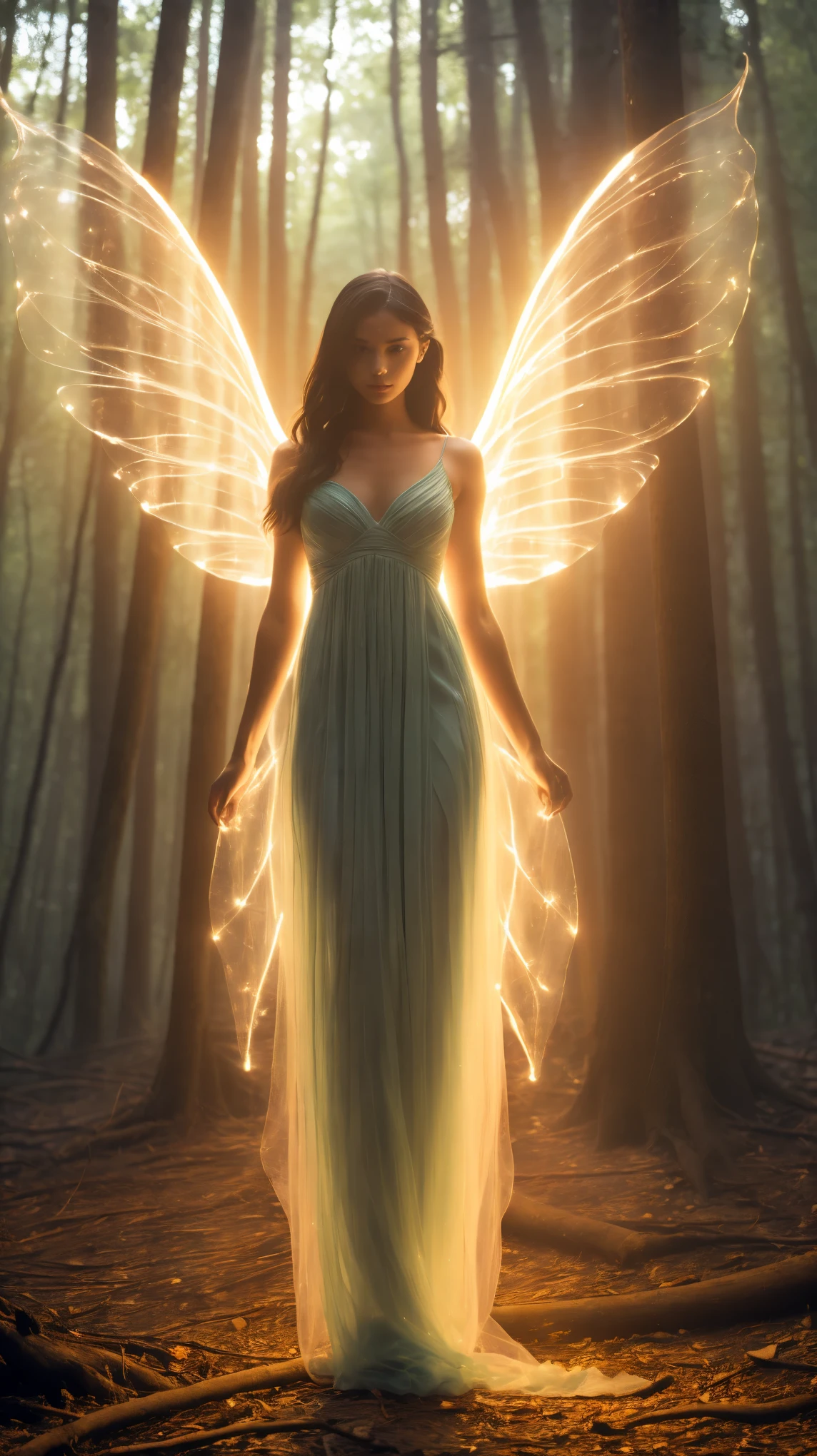 a girl，solo，Luminous glasses，pretty face，glowing eyes，angel wings，Full body photo，looking at the audience，Green-orange painting style，Mysterious forest，Hazy beauty，fantasy feeling，mystical colors，reality，detailed，atmosphere，Tyndall light effect