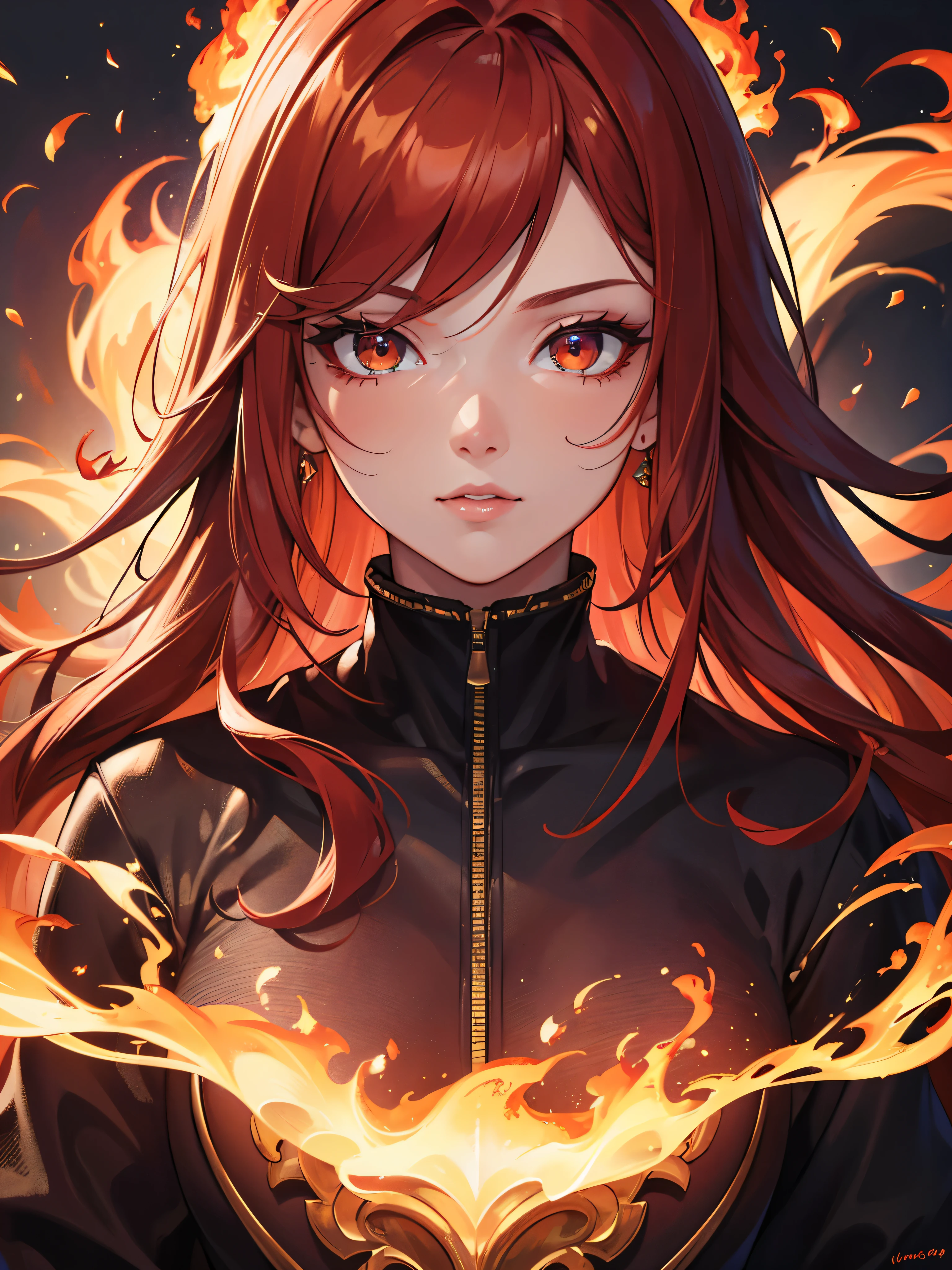 (ultra-detailed,highres,masterpiece:1.2),portrait,red-haired girl,close-up view of face,beautiful detailed eyes,fire eyes,beautiful detailed lips,fire on hair,flames,fiery atmosphere,vivid colors,sharp focus,studio lighting