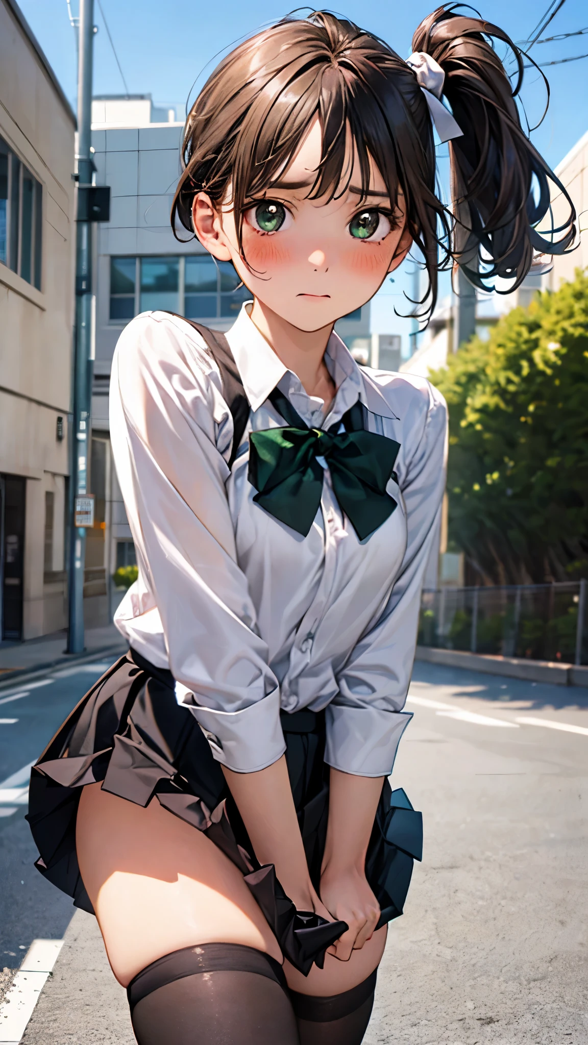 (masterpiece:1.2, top-quality), (realistic, photorealistic:1.4), beautiful illustration, (natural side lighting, movie lighting), , 
(looking at viewer), 1 girl, japanese, high school girl, perfect face, cute and symmetrical face, shiny skin, , 
(short hair:1.5, side ponytail:1.2, light brown hair), swept bangs, emerald green eyes, drooping eyes, long eye lasher, (large breasts:0.6), 
beautiful hair, beautiful face, beautiful detailed eyes, beautiful clavicle, beautiful body, beautiful chest, beautiful thighs, beautiful legs, 
((symmetrical clothing, white collared shirts, black pleated skirt, dark green bow tie, brown ), pink panty, ), black socks, brown knitted vest, 
(beautiful scenery), day time, school rooftop, (facing the front), (impatient expression, blushing cheeks, embarassed expression), (((skirt tug, wind lift))), 
