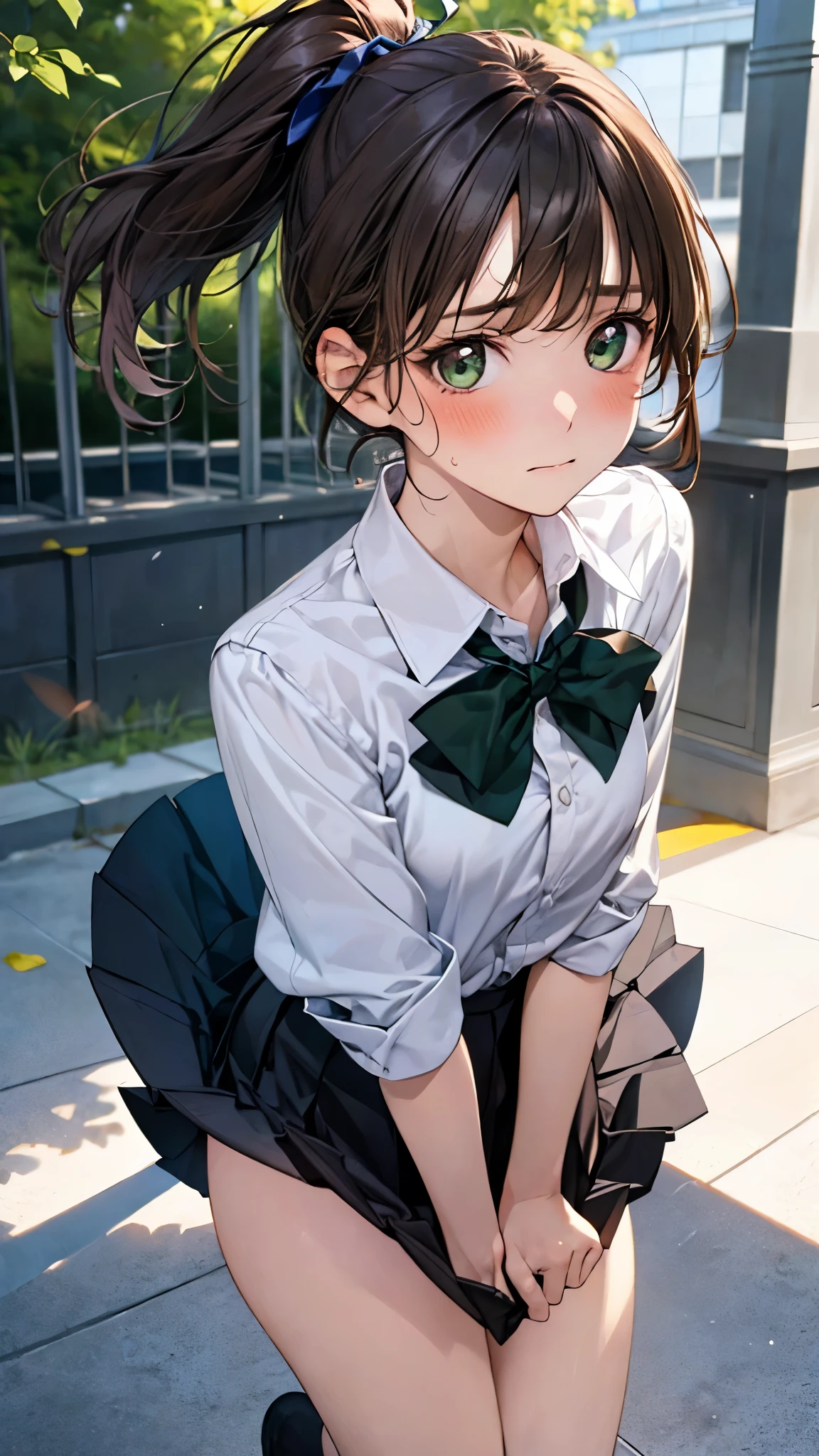 (masterpiece:1.2, top-quality), (realistic, photorealistic:1.4), beautiful illustration, (natural side lighting, movie lighting), ,
(looking at viewer), 1 girl, japanese, high school girl, perfect face, cute and symmetrical face, shiny skin, ,
(short hair:1.5, side ponytail:1.2, light brown hair), swept bangs, emerald green eyes, drooping eyes, long eye lasher, (large breasts:0.6),
beautiful hair, beautiful face, beautiful detailed eyes, beautiful clavicle, beautiful body, beautiful chest, beautiful thighs, beautiful legs,
((symmetrical clothing, white collared shirts, black pleated skirt, dark green bow tie, brown ), pink panty, ), black socks, brown knitted vest,
(beautiful scenery), day time, school rooftop, (facing the front), (impatient expression, blushing cheeks, embarassed expression), (((skirt tug, wind lift))),