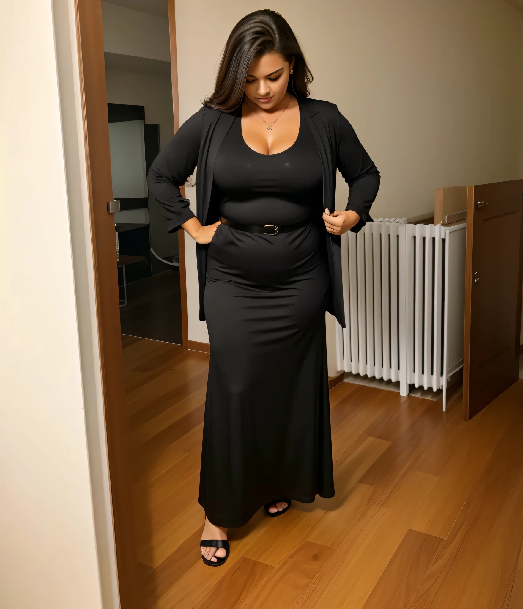 there is a woman standing in a room with a cell phone, plano amplo de corpo inteiro, complete view, corpo inteiro - foto frontal, vestindo terno preto, corpo inteiro com fantasia, wearing a black catsuit, vestindo um manto preto, foto de corpo inteiro, vestindo um terno preto, vestido todo de preto, tiro de corpo inteiro, vestindo roupas pretas