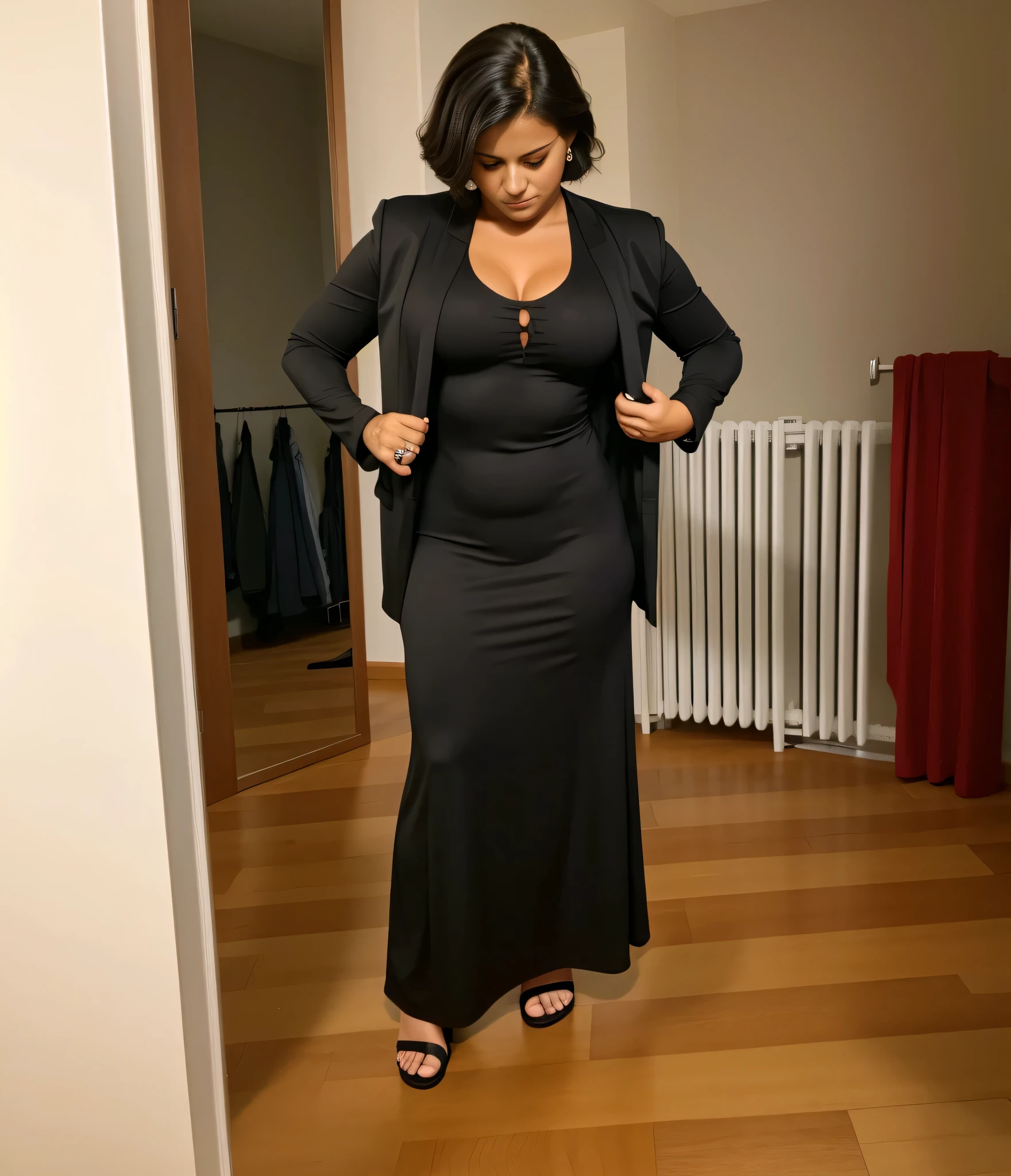 there is a woman standing in a room with a cell phone, plano amplo de corpo inteiro, complete view, corpo inteiro - foto frontal, vestindo terno preto, corpo inteiro com fantasia, wearing a black catsuit, vestindo um manto preto, foto de corpo inteiro, vestindo um terno preto, vestido todo de preto, tiro de corpo inteiro, vestindo roupas pretas