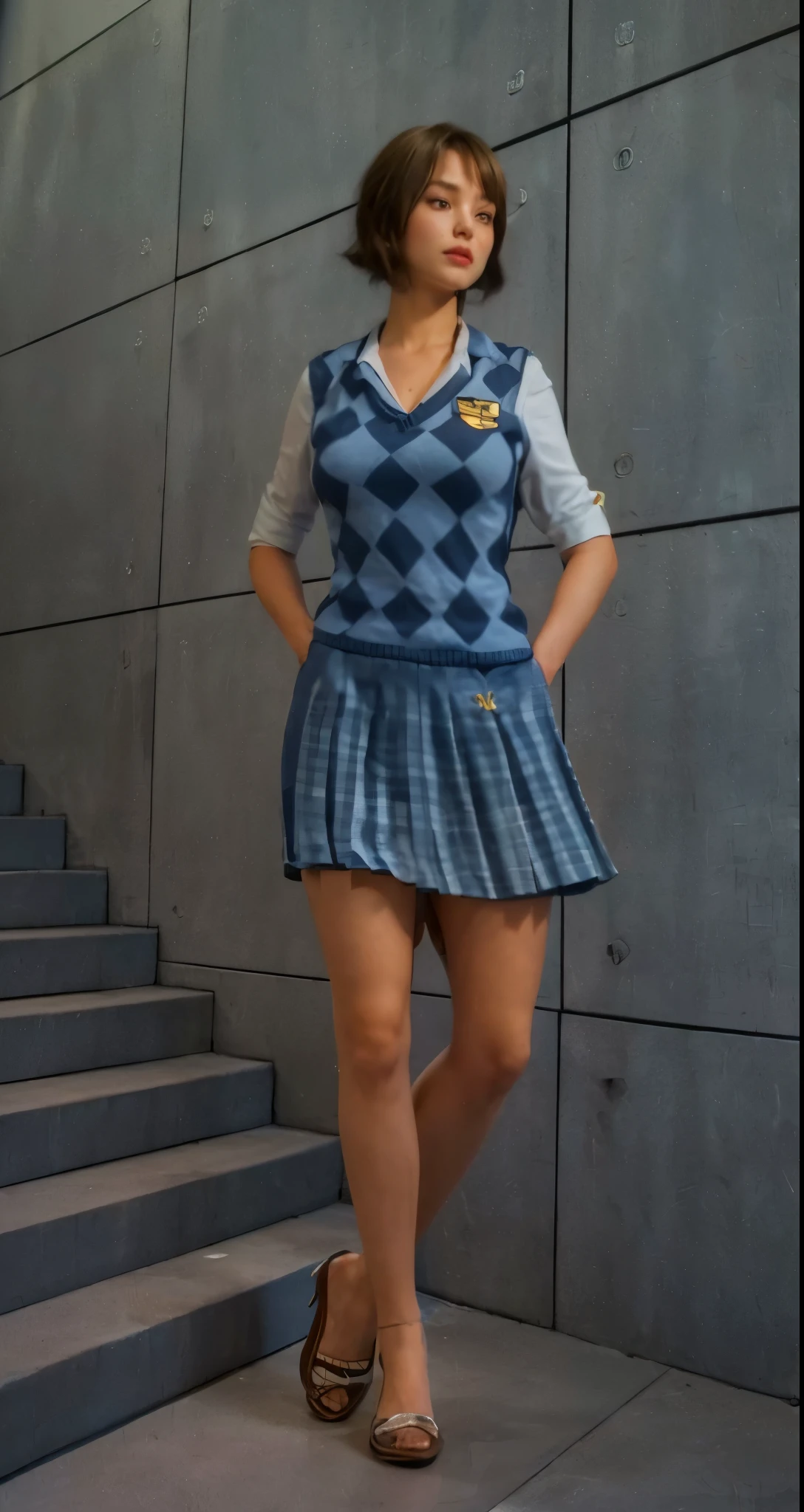 Real life adaption of this character, beauty Europe girl face, realistic same hair, eyes looking to camera,detail eyes,realistic same outfit, realistic same uniform, with same pattern, realistic same skirt, realistic same shoes, realistic background, realistic light, realistic shadow, realism, hyper realistic,(photorealistic 1:2),high definition,detail,4k