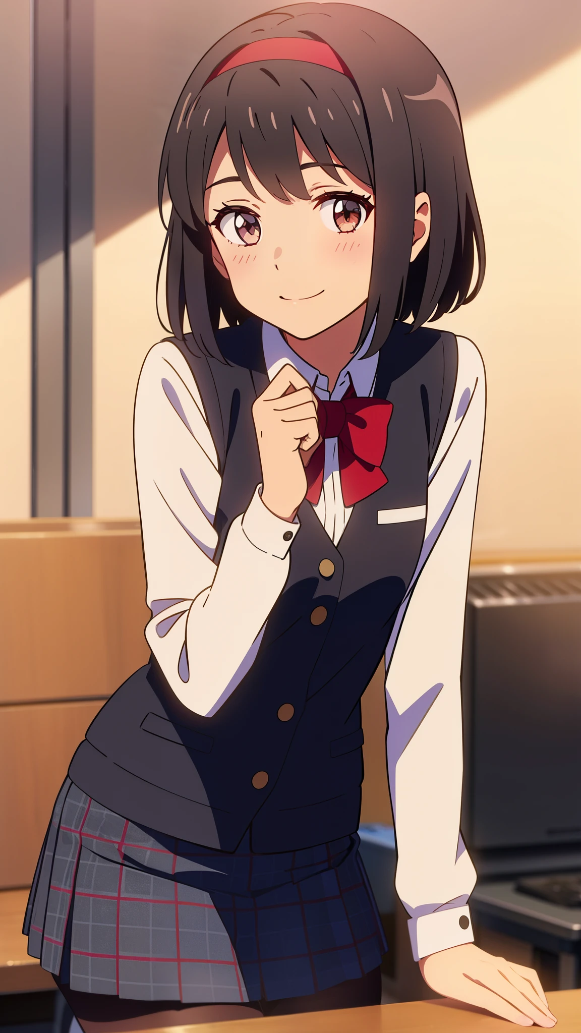 shinkai makoto, kimi no na wa., 1girl, bangs, black hair, blush, brown eyes, shiny skin, red headband, red ribbon, red bow, Plaid vest, skirt, plaid skirt, Black pantyhose, looking at the viewer, upper body, short hair, beautiful countenance, smile, cute, solo, happy, Announcer, Sitting in the studio