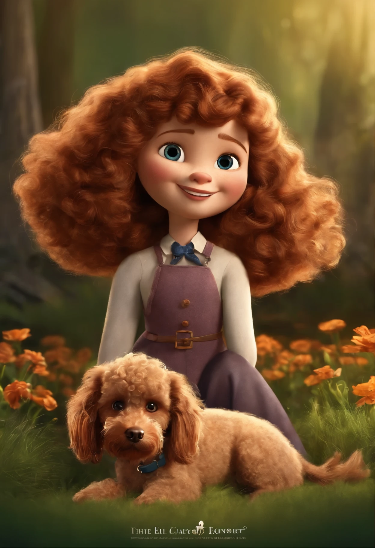 Create a poster inspired by Disney Pixar movies, apresentando um casal acompanhado por uma de altura mediana com cabelos castanhos escuros, full lips and dark eyes and silly face along with brown poodle puppy, cachorrinho de pele bem cuidada com dentes caninos afiados e pontiagudos brincando. The poster is titled 'Lily' Digital art should be in the style of Pixar, reminiscent of an animated feature.