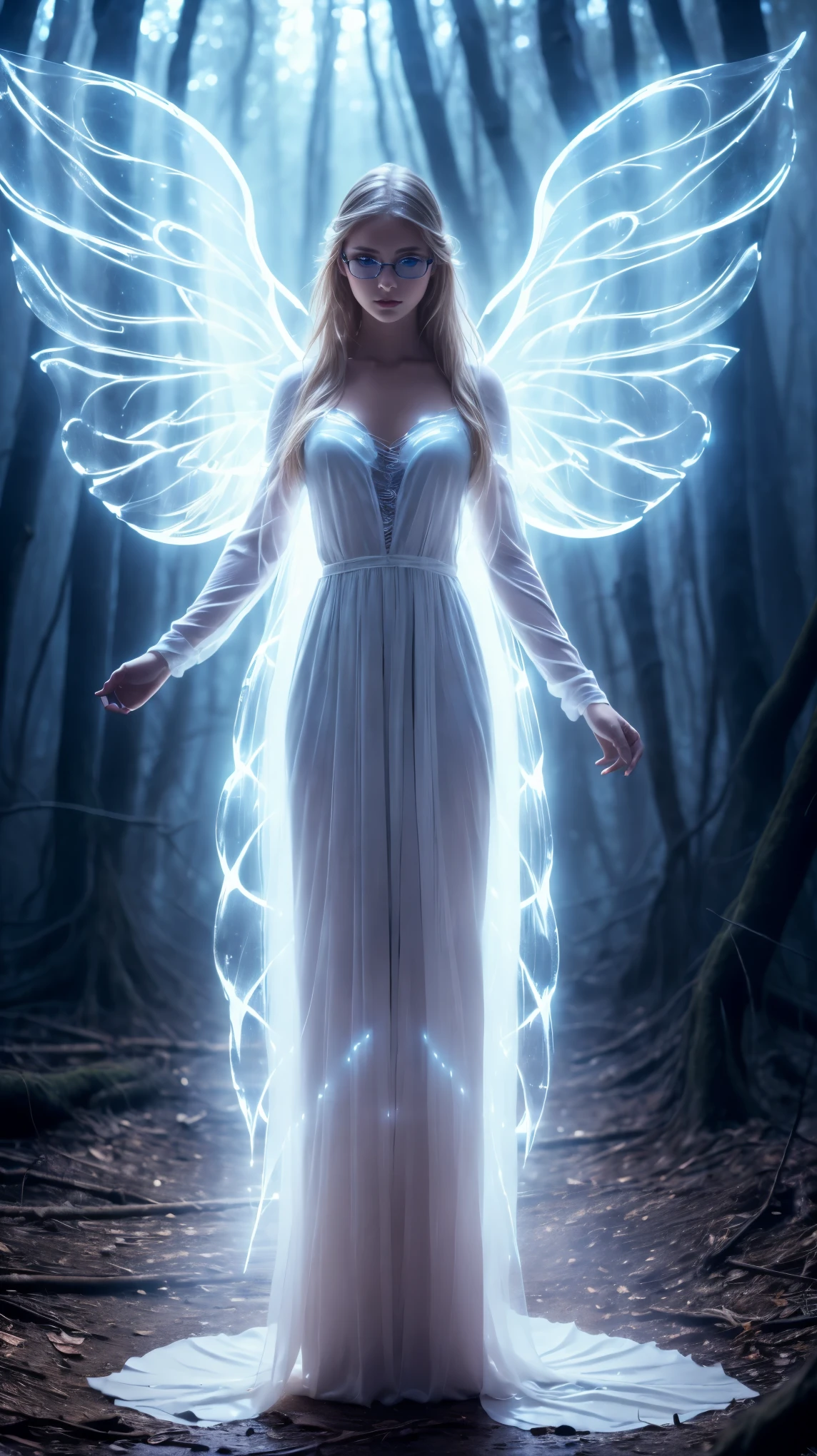 a girl,solo,Luminous glasses,pretty face,blue eyes,angel wings,Full body photo,looking at the audience,blues,Mysterious forest,Hazy beauty,fantasy feeling,reality,detailed,atmosphere