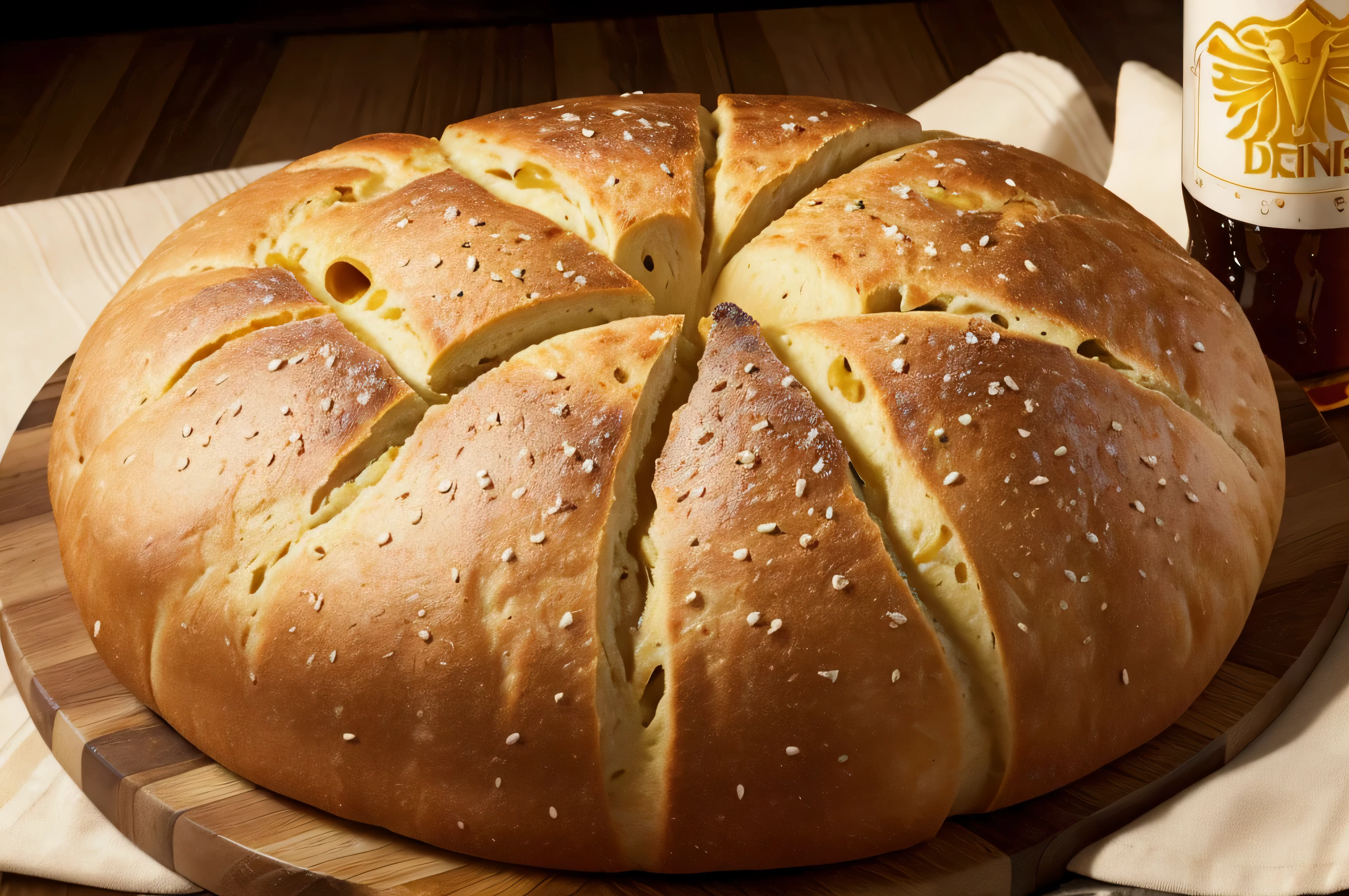 Drunken Bread is a delicious delicacy that combines the comforting heat of freshly baked bread with the robust flavor of full-bodied beer.. Com crosta dourada e textura macia por dentro, This drunken bread has an irresistible aroma reminiscent of the beer fermentation process. Servido em fatias generosas, It is perfect to accompany a hearty meal or to accompany a variety of cheeses.