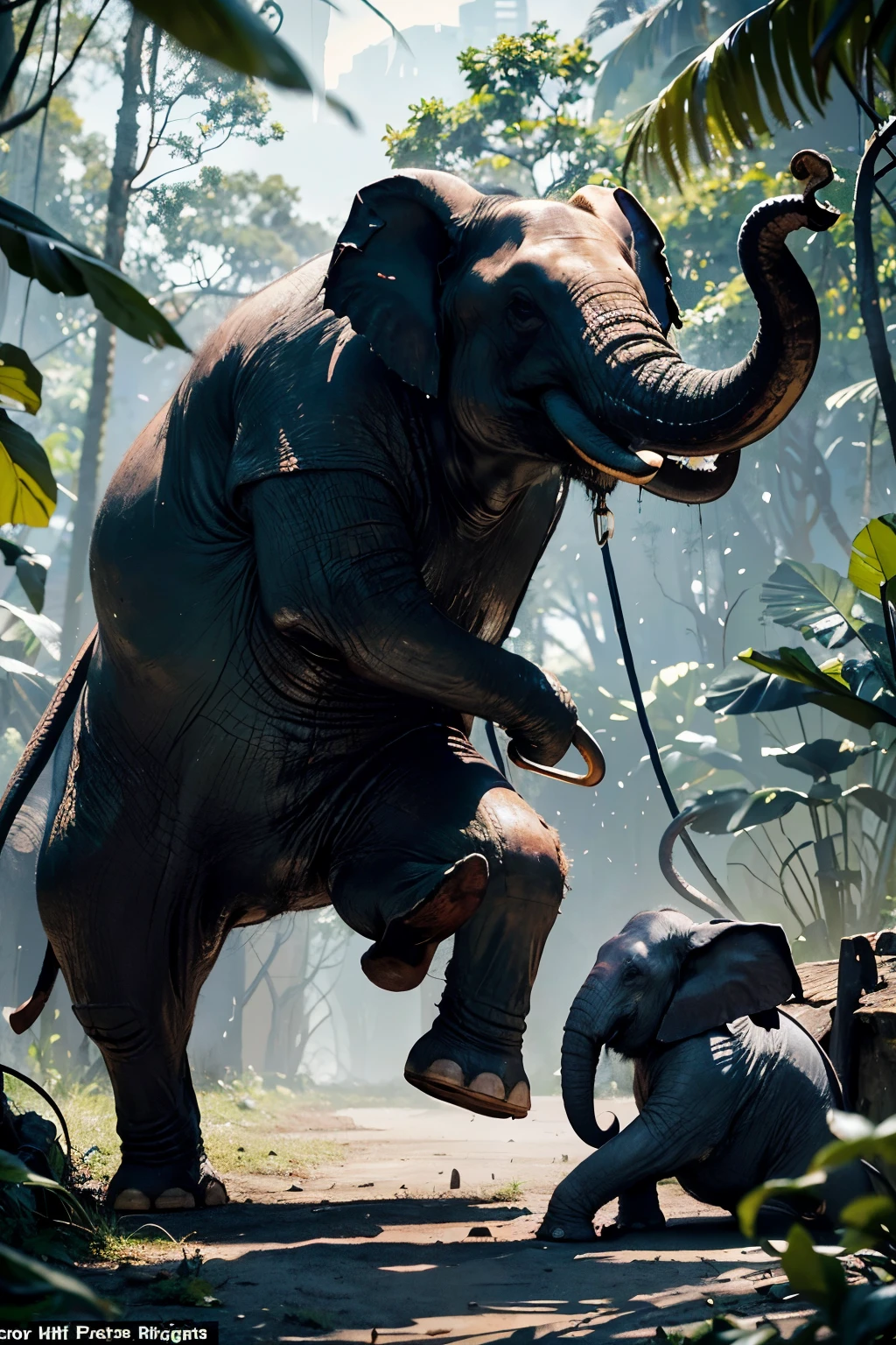 In the chaotic jungle scene, an enraged elephant, its eyes filled with malice and fury, charges towards an unsuspecting figure, trumpeting loudly with its large, curved tusks pointed menacingly. The victim, with wide-open eyes, frantically raises both arms in self-defense, their terrified expression etched onto their face as they cry out in alarm, "EEE! Who are you pushing?! Evil elephant!" The elephant's thick, gray, wrinkled skin contrasts sharply with the lush, green foliage of the jungle, its massive form casting long, ominous shadows over the forest floor. The scene unfolds with
