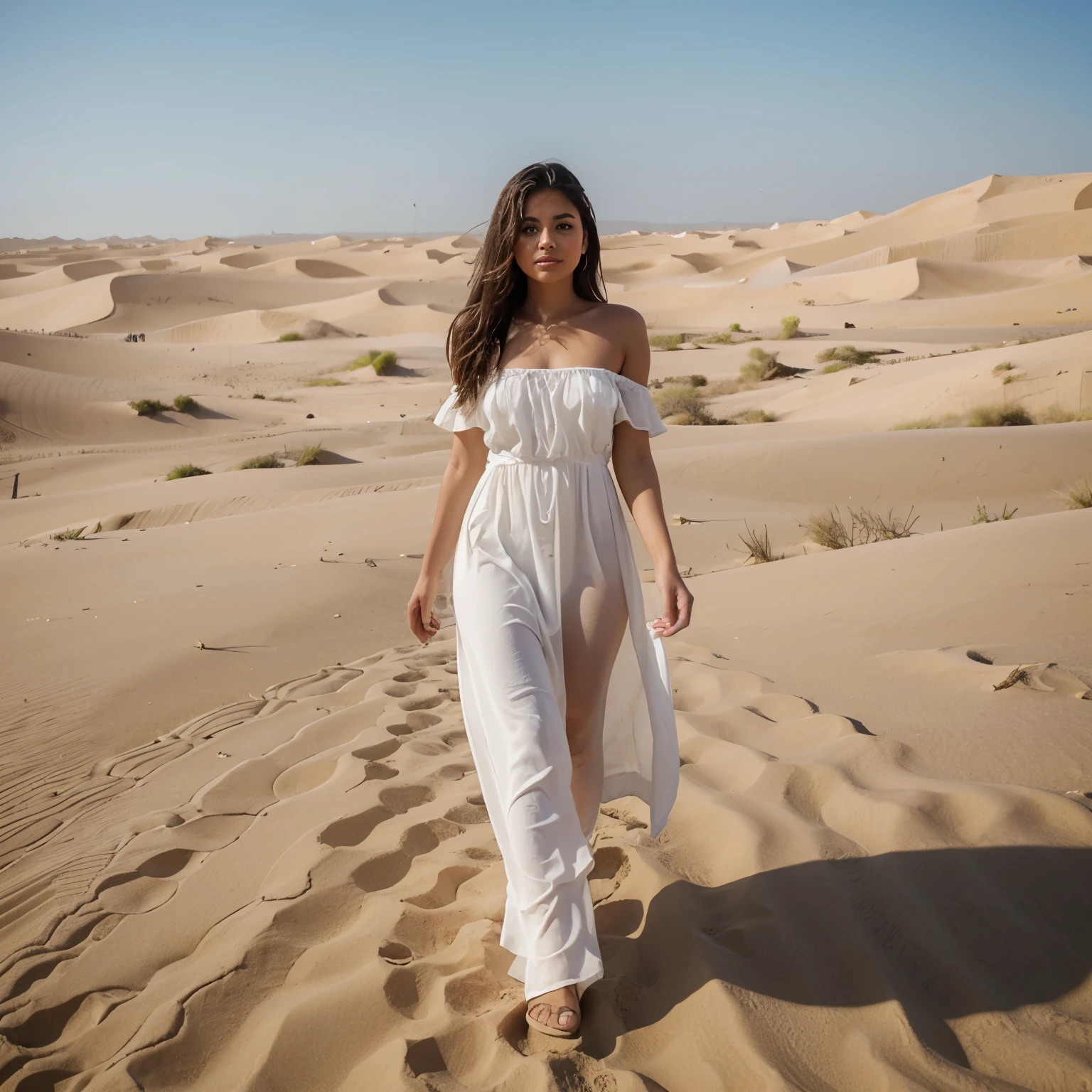 Young latina wearing a white dress and standing in the sand dunes of Arabia