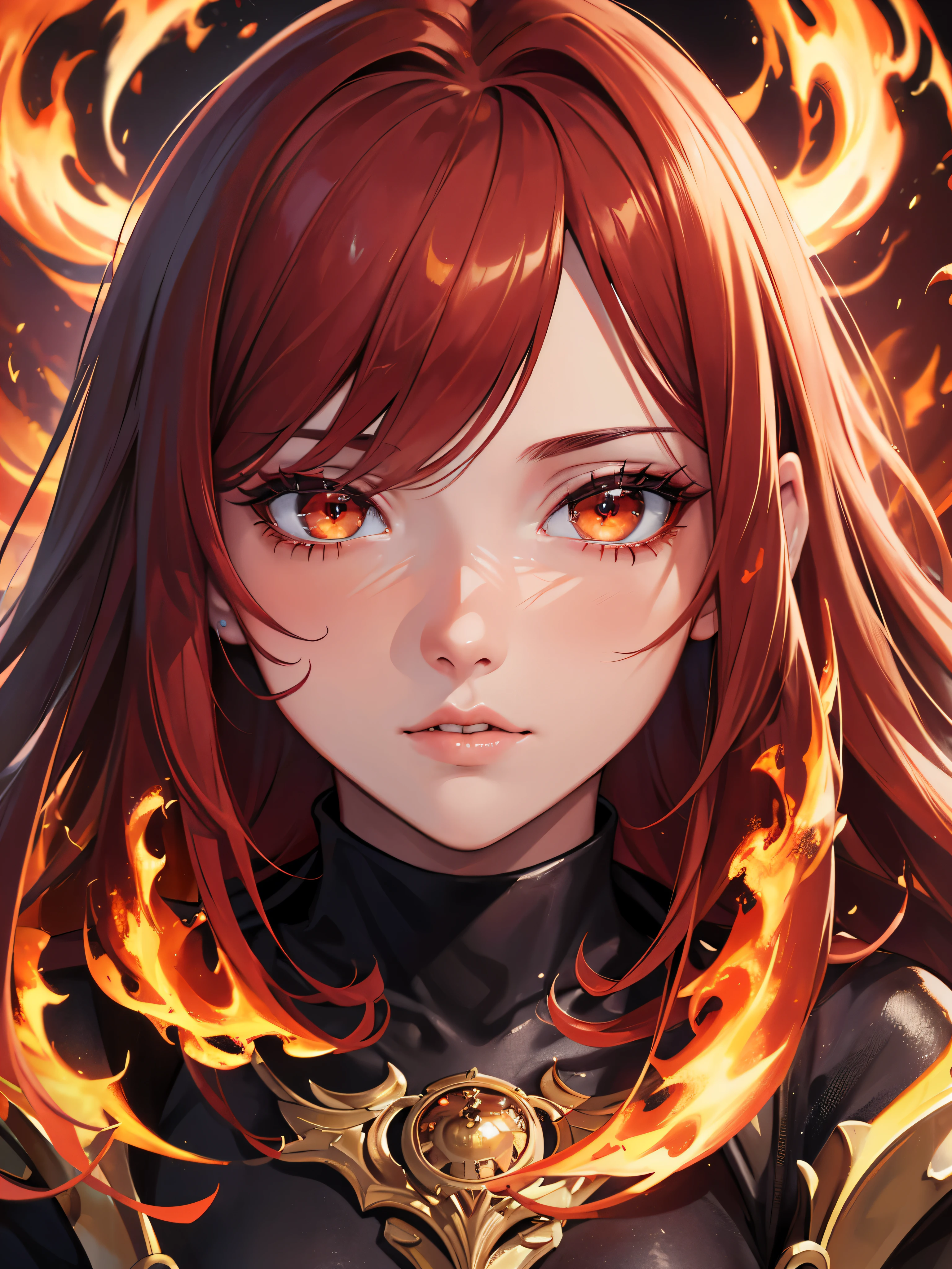 (ultra-detailed,highres,masterpiece:1.2),portrait,red-haired girl,close-up view of face,beautiful detailed eyes,fire eyes,beautiful detailed lips,fire on hair,flames,fiery atmosphere,vivid colors,sharp focus,studio lighting