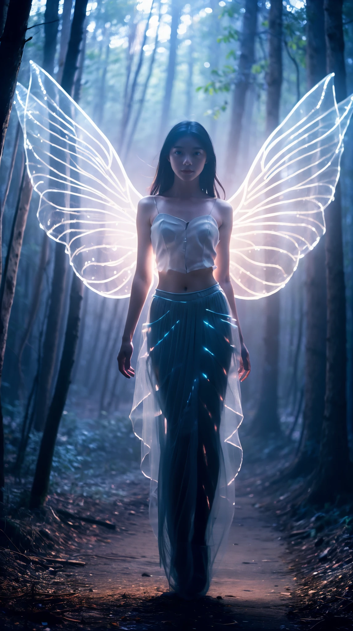 A girl, solo, glowing eyes, pretty face, angel wings, fairy skirt, veil, full body photo, looking at the viewer, cyan blue style, mysterious lake, hazy beauty, fantasy feeling, mysterious feeling, reality , detailed, cinematic lighting effects, ambient lighting