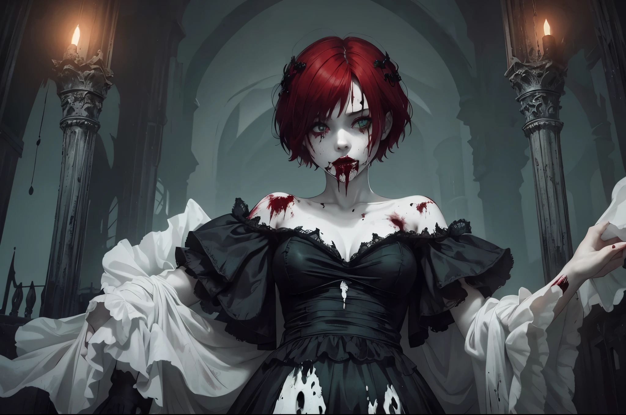 A hauntingly beautiful woman, green eyes, short red hair, glowing milky white skin, blood dripping from her lips, black silky dress, in an eerie setting. 