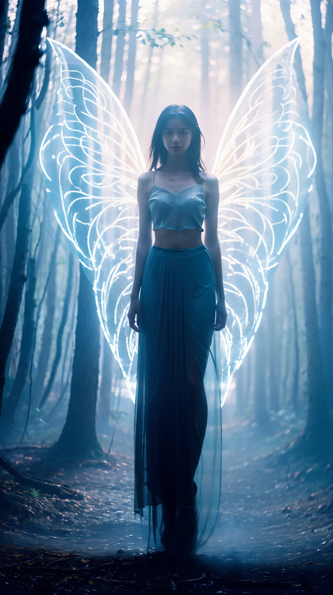 A girl, solo, glowing eyes, pretty face, angel wings, fairy skirt, veil, full body photo, looking at the viewer, cyan blue style, mysterious lake, hazy beauty, fantasy feeling, mysterious feeling, reality , detailed, cinematic lighting effects, ambient lighting