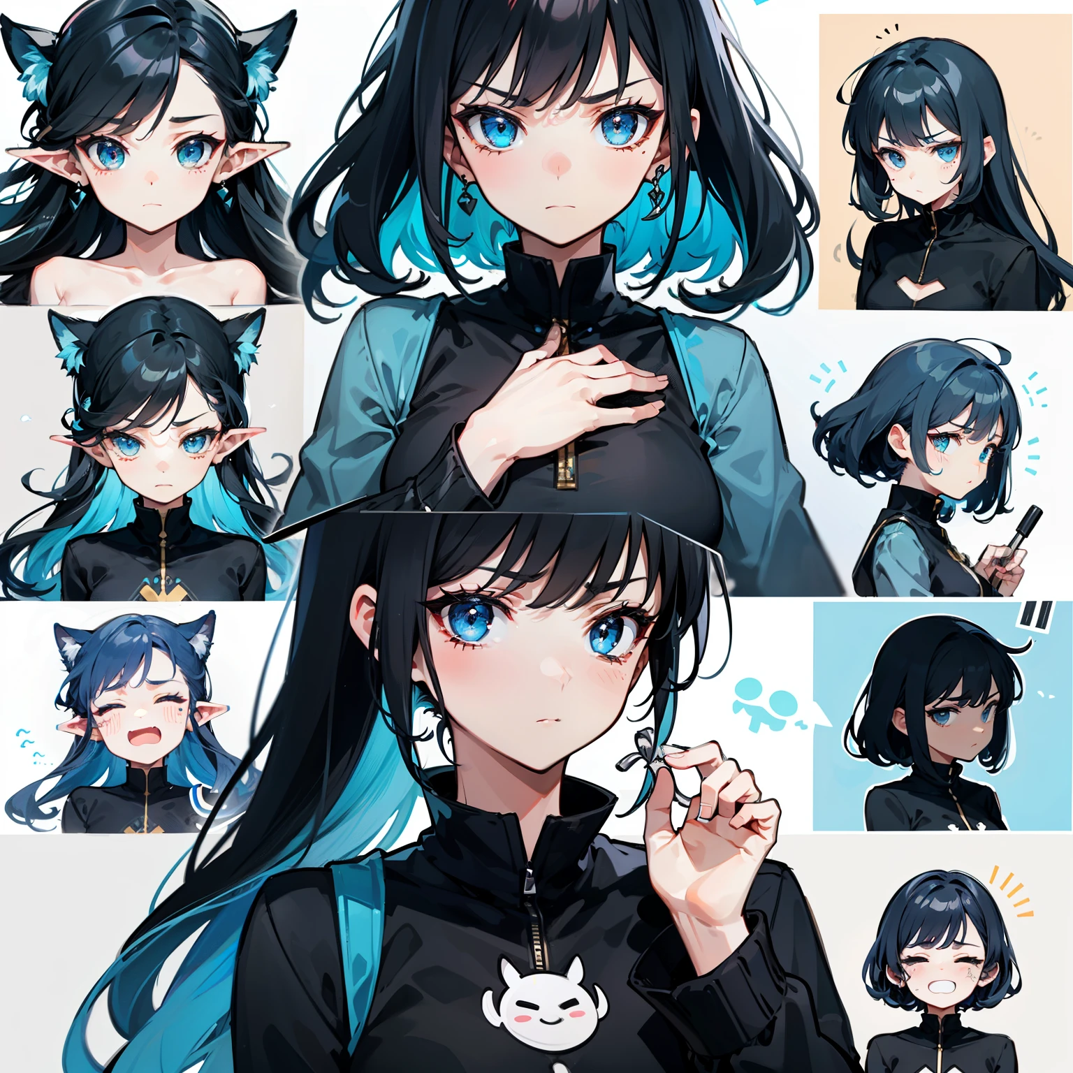 middle aged avatar,Emoticon pack,(9 emojis,emoji sheet,Align arrangement),9 poses and expressions(Grieving,wonderment,having fun,Excitement,great laughter,doubt,angry,Touch your head,Sell moe, wait),anthropomorphic style,blue hair, blue eyes, Black strokes,various emotions,9 poses and expressions,8K, gorgeous,enchanting,charming,ethereal