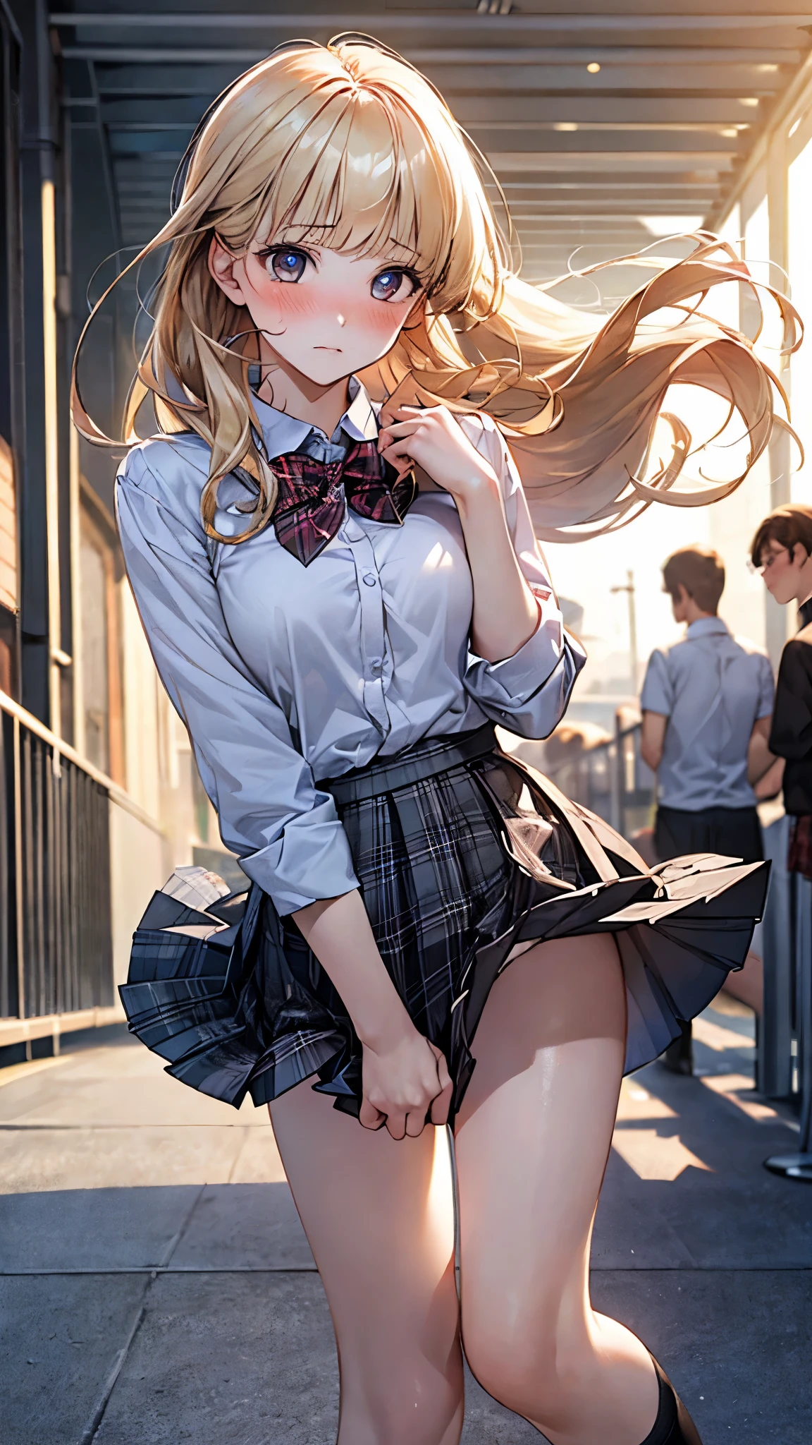 (masterpiece:1.2, top-quality), (realistic, photorealistic:1.4), beautiful illustration, (natural side lighting, movie lighting), ,
(looking at viewer), 1 girl, japanese, high school girl, perfect face, cute and symmetrical face, shiny skin, ,
(long hair:1.2, half updo:1.4, blond hair), blunt bangs, gold eyes, drooping eyes, long eye lasher, (large breasts:0.6), ((barelegs)),
beautiful hair, beautiful face, beautiful detailed eyes, beautiful clavicle, beautiful body, beautiful chest, beautiful thighs, beautiful legs,
((white collared shirts, grey pleated skirt, black socks, red plaid bow tie), pink panty),
(beautiful scenery), day time, school rooftop, (facing the front), (impatient expression, blushing cheeks, embarassed expression), (((skirt tug, wind lift))),