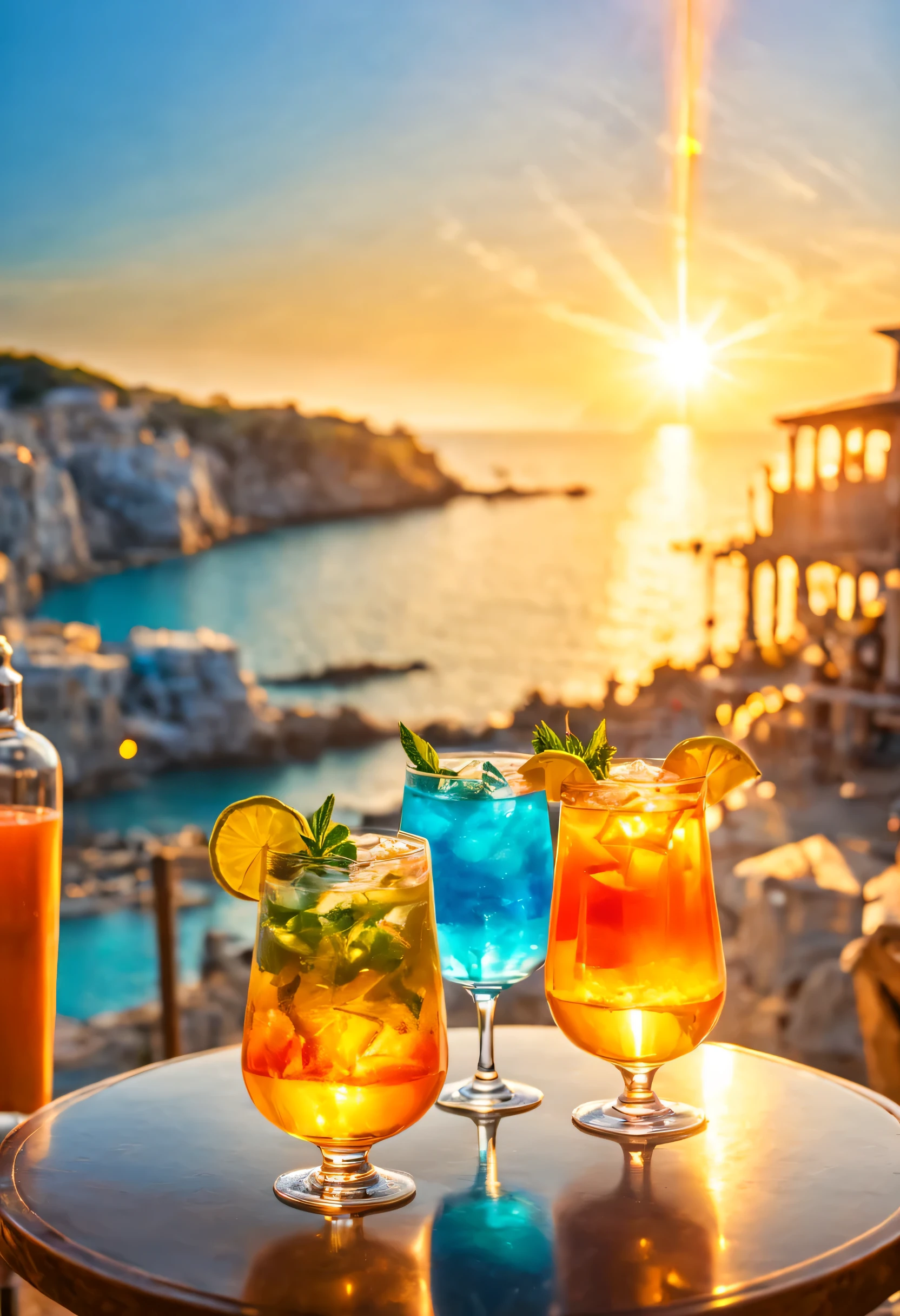 ancient city at dusk, ancient city by the sea, cafe terrace, Stunning sunset, background sea, Cocktails on the table reflected in the sunset, (Lens flare: 1.3)