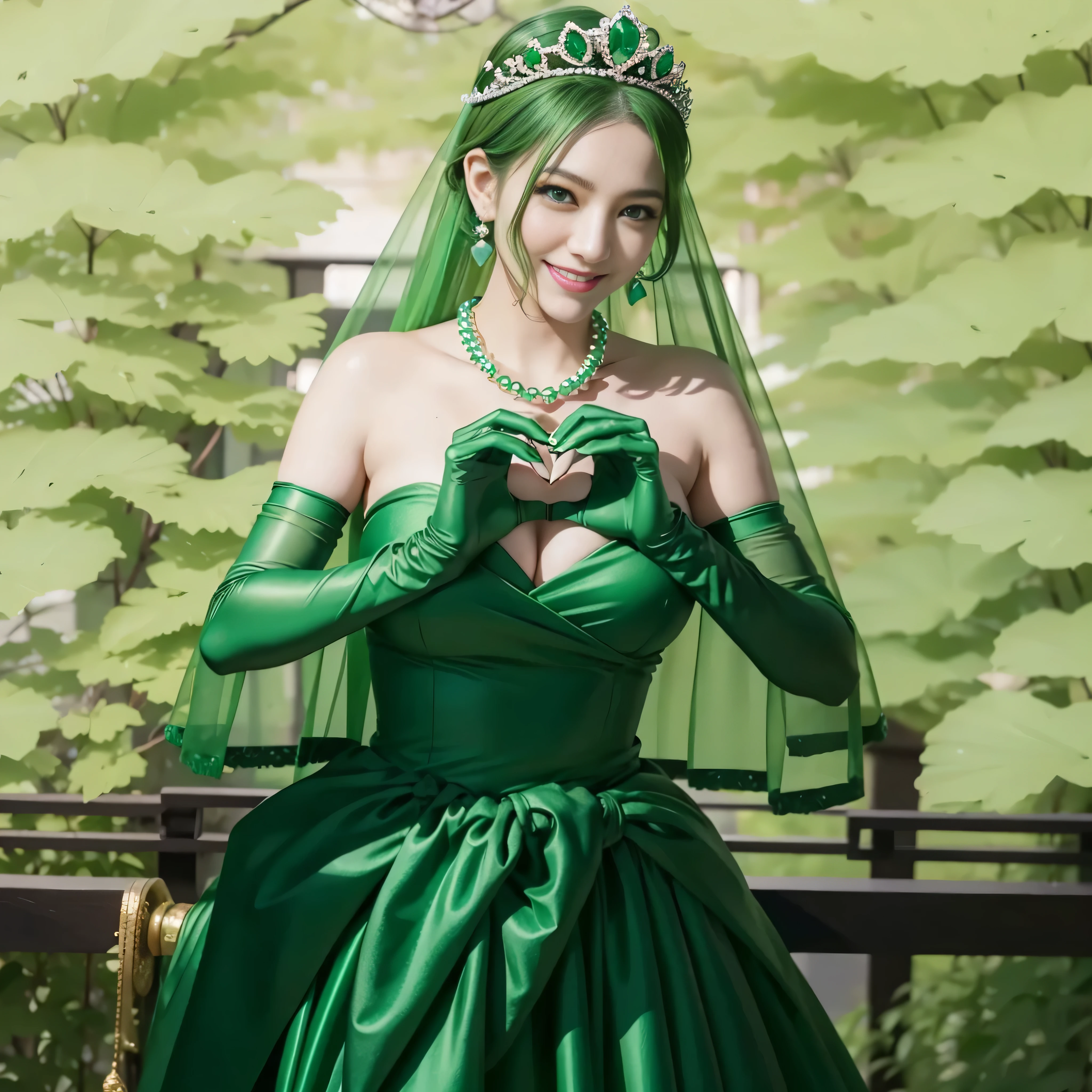 emerald tiara, green pearl necklace, ボーイッシュな非常に短いgreen hair, lipstick, smiling Japanese woman, very short hair,  Beauty with large breasts, green eyes, Long Green Satin Gloves, green eyes, emerald earrings, green veil, heart with both hands, green hair, beautiful japanese woman, heart shaped hand:1.3