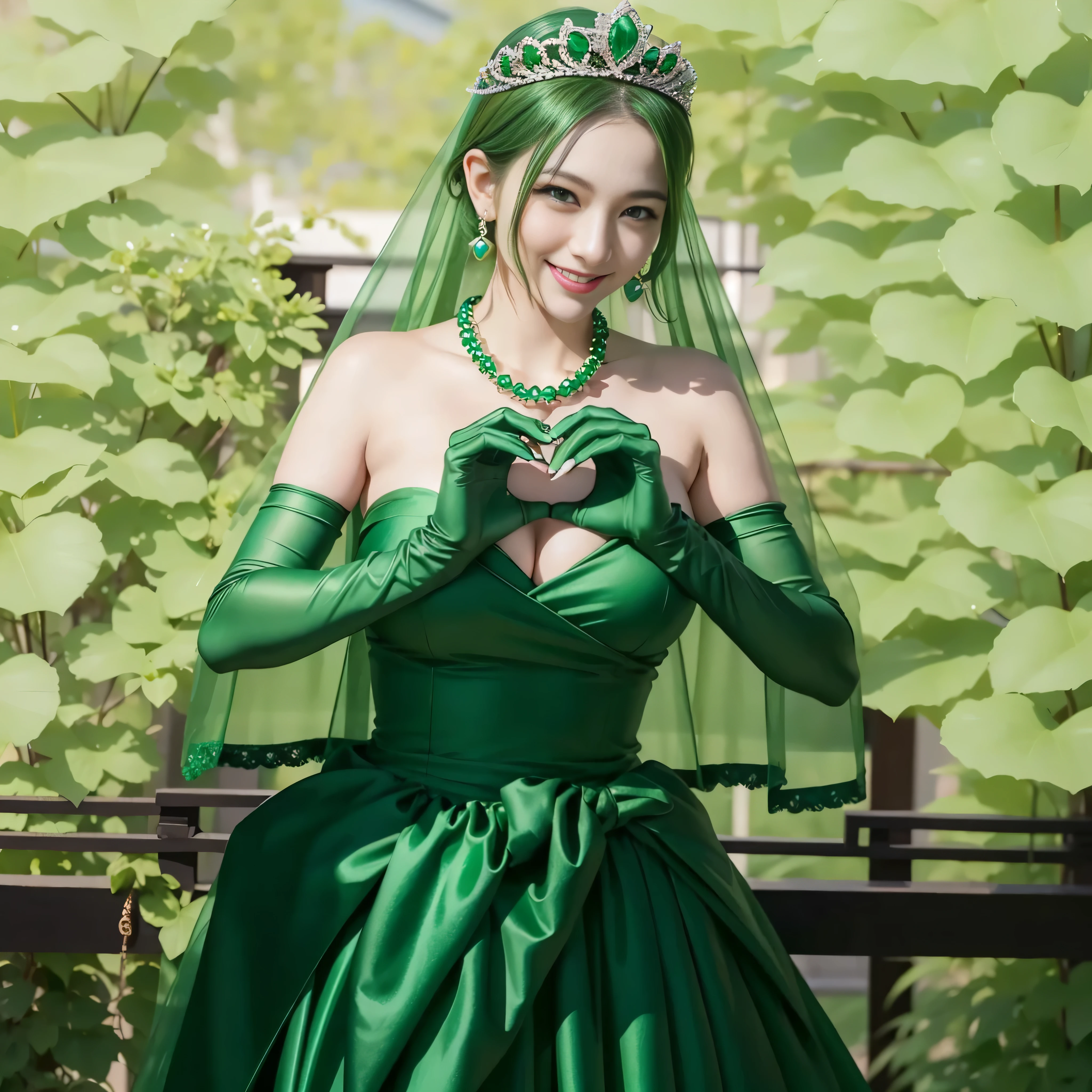 emerald tiara, green pearl necklace, ボーイッシュな非常に短いgreen hair, lipstick, smiling Japanese woman, very short hair,  Beauty with large breasts, green eyes, Long Green Satin Gloves, green eyes, emerald earrings, green veil, heart with both hands, green hair, beautiful japanese woman, heart shaped hand:1.3