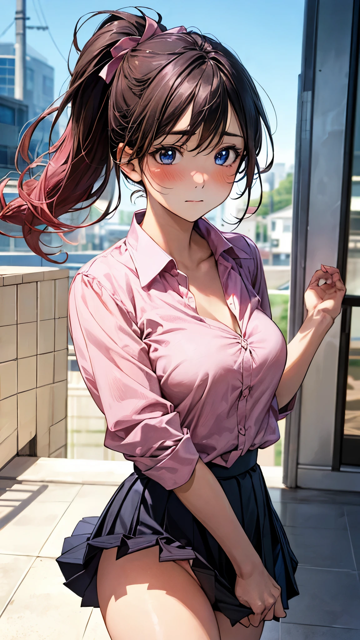 (masterpiece:1.2, top-quality), (realistic, photorealistic:1.4), beautiful illustration, (natural side lighting, movie lighting), ,
(looking at viewer), 1 girl, japanese, high school girl, perfect face, cute and symmetrical face, shiny skin, ,
(middle hair:1.7, side ponytail:1.7, (blonde hair)), hair between eyes, blue eyes, long eye lasher, (large breasts:0.9, thick thighs),
beautiful hair, beautiful face, beautiful detailed eyes, beautiful clavicle, beautiful body, beautiful chest, beautiful thighs, beautiful legs,
((red pleated pencil, unbuttoned light pink shirt)), pink hair ribbon, pink panties,
(beautiful scenery), day time, school rooftop, (facing the front), (impatient expression, blushing cheeks, embarassed expression), (((skirt tug, wind lift))),