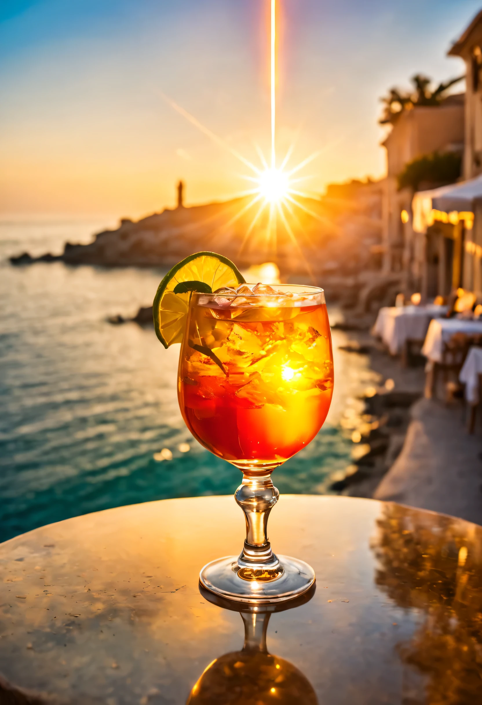 ancient city at dusk, ancient city by the sea, cafe terrace, Stunning sunset, background sea, Cocktails on the table reflected in the sunset, (Lens flare: 1.3)