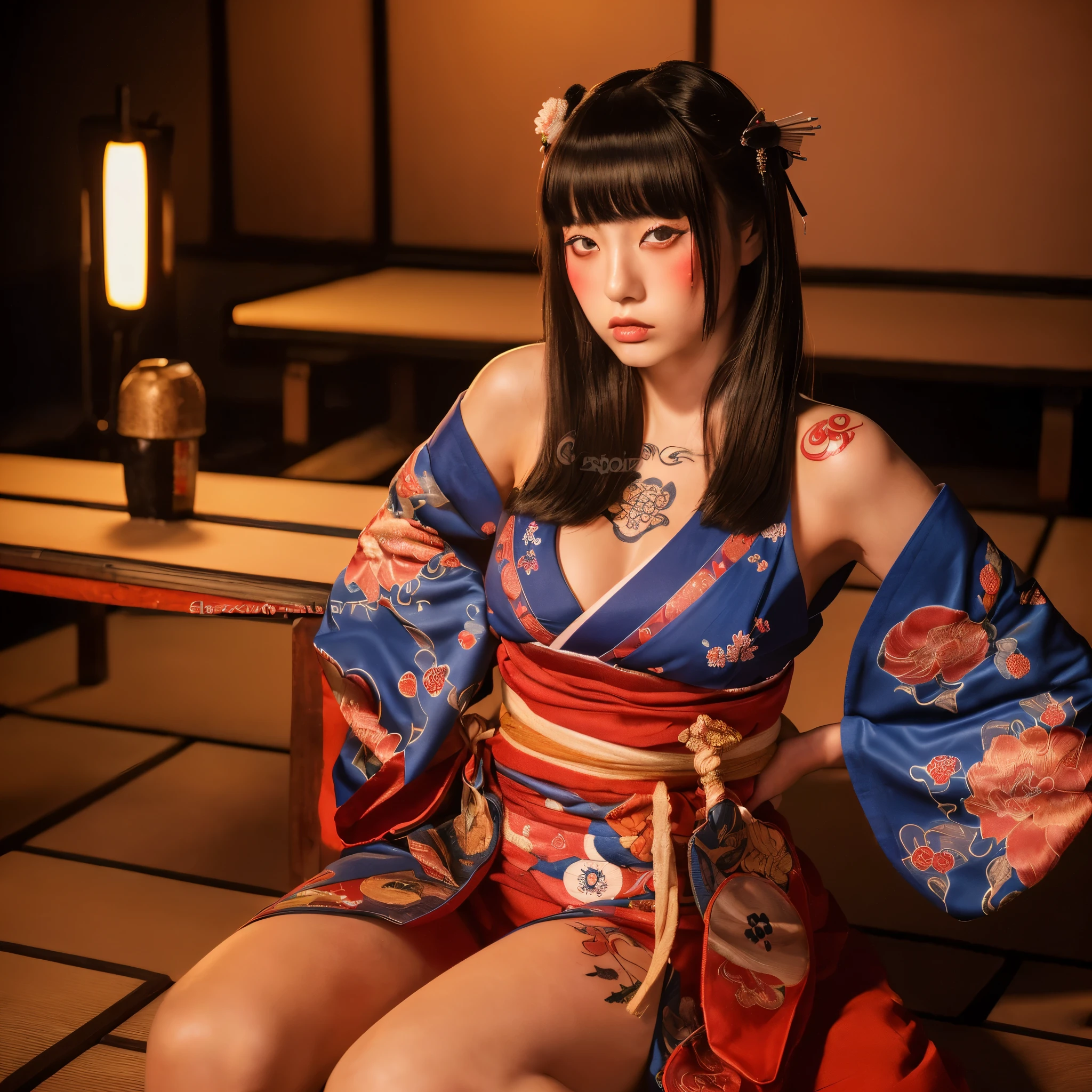 (Realistic photo: 1.5), (20-year-old Japanese woman: 1.3), (Geisha outfit: 1.2), (Beautiful face: 1.4), (Prostitute: 1.1), (Sitting alone: 1.2), (Studio lights: 1.3), (Wooden room: 1.2), (Japanese style from the 80s: 1.1), (Revealing skin on the back: 1.3), (Detailed Japanese style tattoo: 1.3), (Sharpness level 8k: 1.5), (Shot with DSL