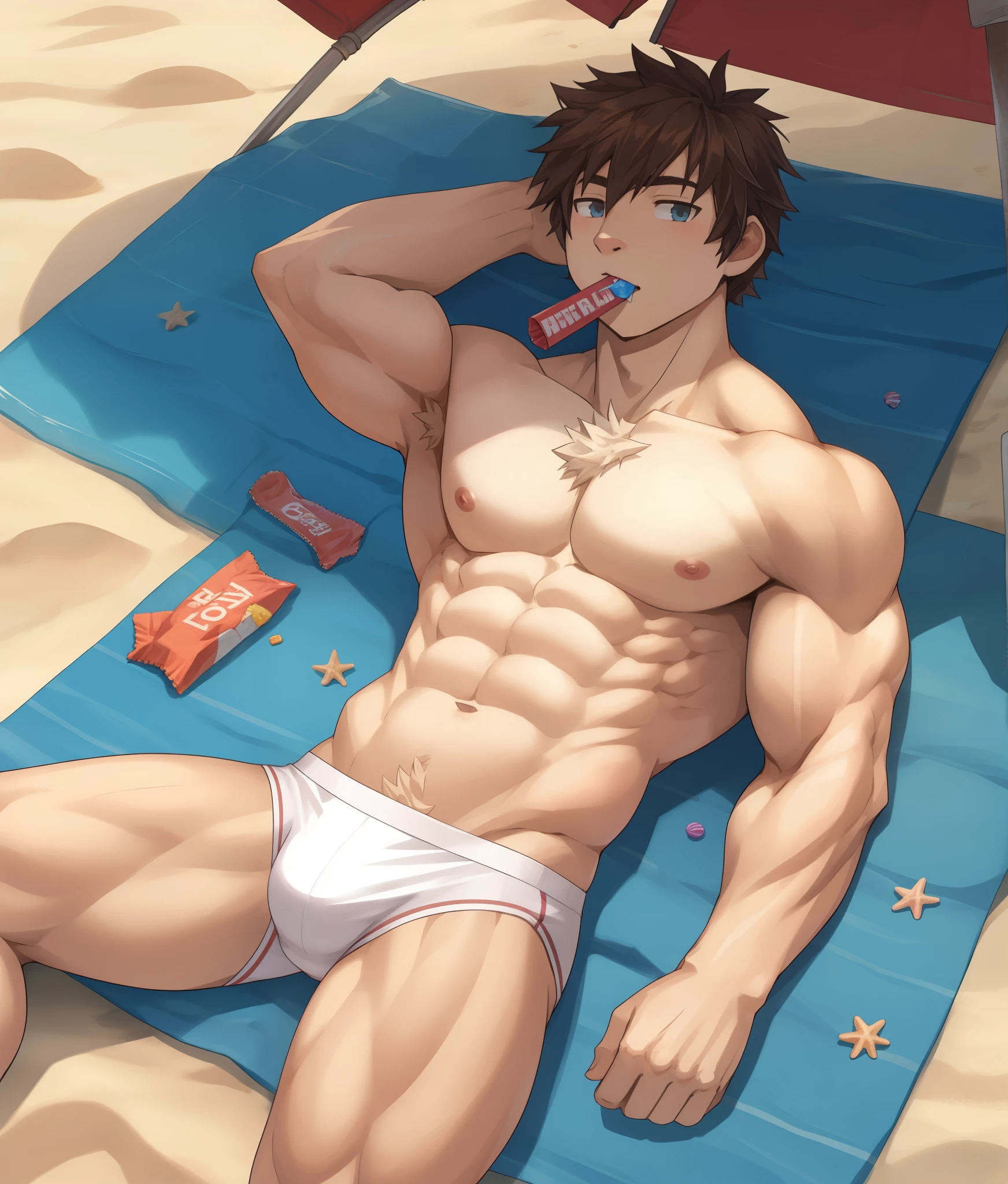 buff, looking a viewer,, musculature , Exercise, Lie down ，of a shirtless，White briefs, Sota,  old, short hair, candy in mouth, beach,