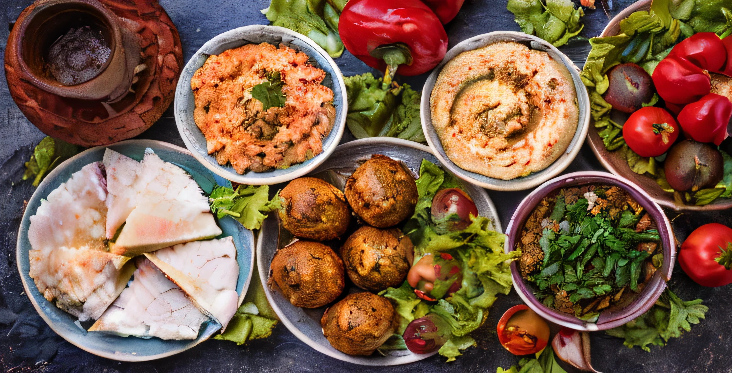 a close up of a table with bowls of food and a bowl of dip, middle eastern, mediterranean, middle eastern style vendors, humus, middle eastern skin, beautiful sunny day, middle east, delicious food, middle eastern details, shutterstock, high quality food photography, food photo, offering a plate of food, stunning image, beautiful image, yummy, food particles