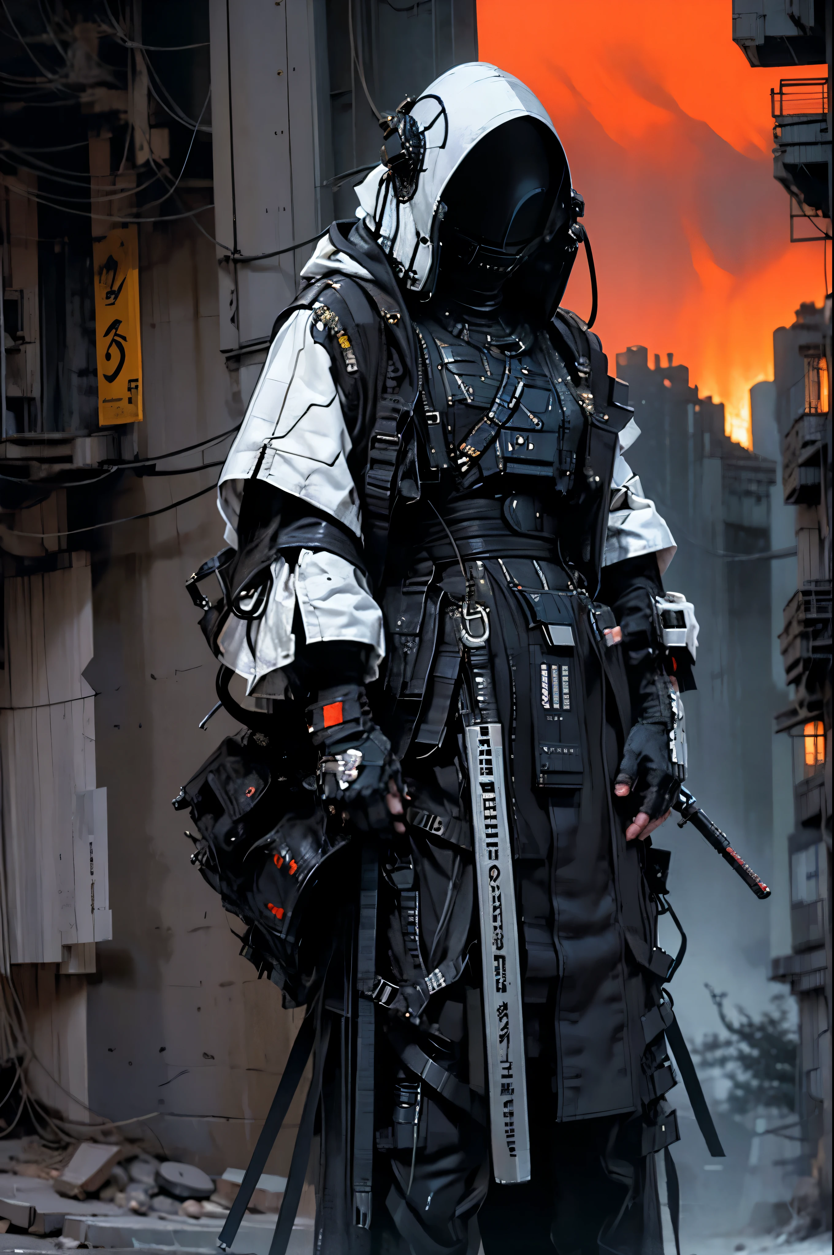 DERPD, Lethal Geisha Cyborg Assassin con kimono con capucha & armadura, Futuristic ski sunglasses, Peligro, cielo rojo-amarillo, Post-apocalyptic art, Neon horror, Science fiction, glitchcore, sociedadcg, pintura de tinta europea moderna, androgynous, medios mixtos, dystopian art, Black and neon cosmic art, analog horror, NightmareFuel, Punk espacial, glitchcore, Inquietantemente hermoso, Bellamente ominoso. Una cyborg femenina de clase mundial en HD impresionante, Arte de clase mundial, single, Obra maestra moderna, excepcional, Exquisito, dark fantasy, apocalypse art, Calotipo