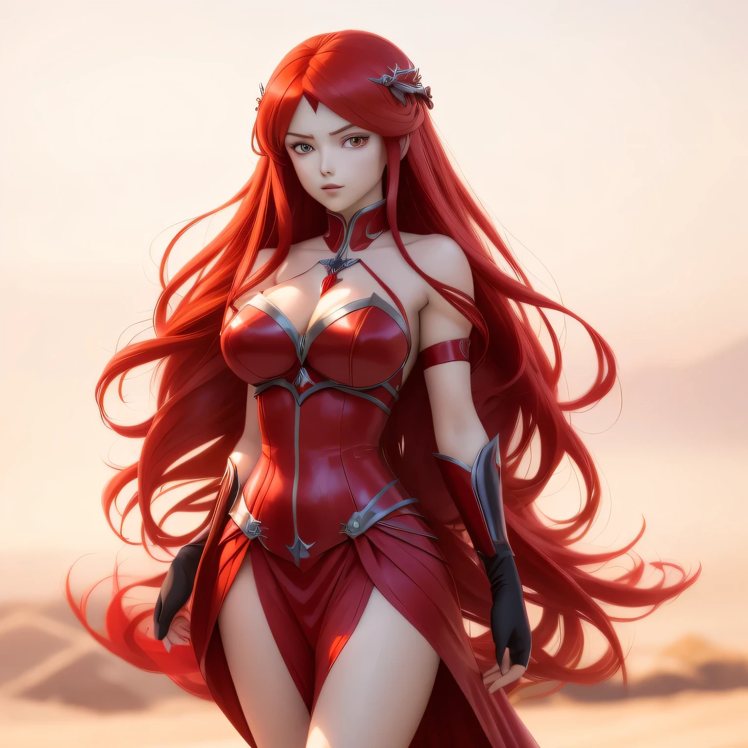 a woman in a red dress with long hair and a tiable, rias gremory, erza scarlet as a real person, ((a beautiful fantasy empress)), with long red hair, long crimson hair, anime princess, gothic maiden anime girl, red haired goddess, persephone as goddess of death, crimson red hair and red eyes, rei hino as a princess