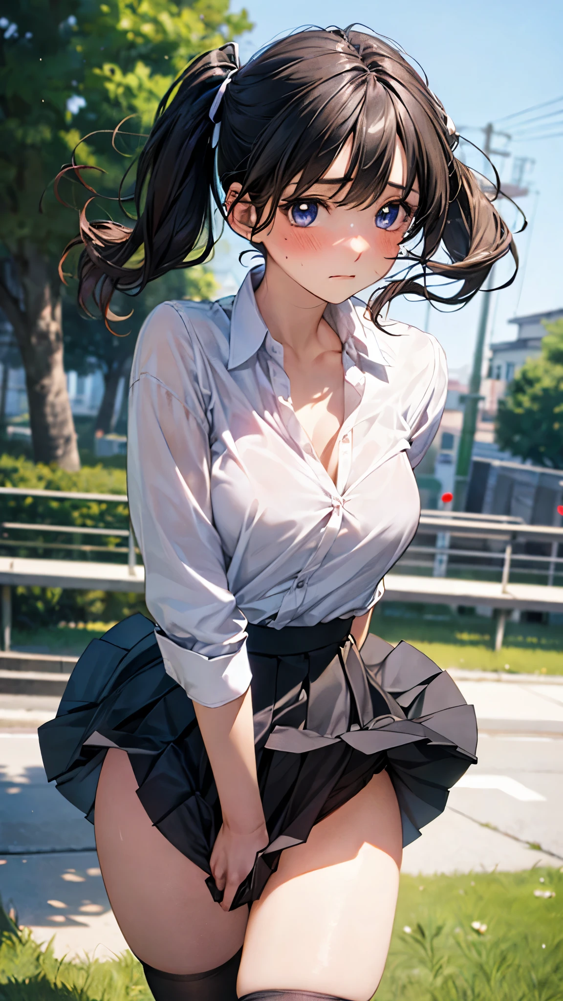 (masterpiece:1.2, top-quality), (realistic, photorealistic:1.4), beautiful illustration, (natural side lighting, movie lighting), ,
(looking at viewer), 1 girl, japanese, high school girl, perfect face, cute and symmetrical face, shiny skin, ,
(middle hair:1.5, twintails:1.7, blond hair), hair between eyes, blue eyes, long eye lasher, (large breasts:0.9, thick thighs),
beautiful hair, beautiful face, beautiful detailed eyes, beautiful clavicle, beautiful body, beautiful chest, beautiful thighs, beautiful legs,
((black pleated mini skirt, black stockings, unbuttoned white shirt)), black hair ribbon, pink panties,
(beautiful scenery), day time, riverside, (facing the front), (impatient expression, blushing cheeks, embarassed expression), (((skirt tug, wind lift))),