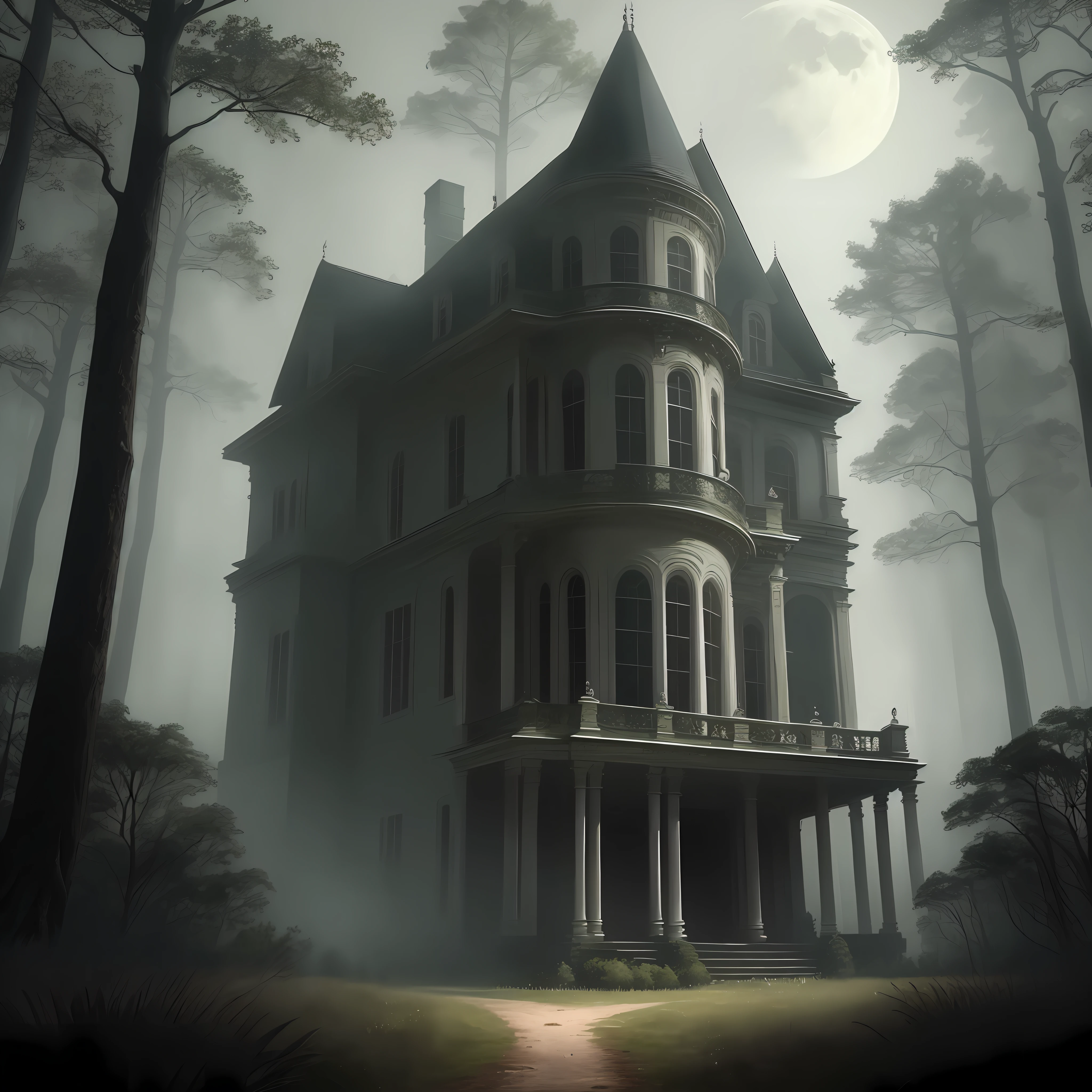 old mansion, Impressionante, ambiente de horror, noite, fog rising from the ground, ((ultra realista)), Lua cheia, Shadowy trees, impressionismo, luz branca das janelas, floresta em segundo plano, some trees in the front angle, obra de arte, High definition, 8k