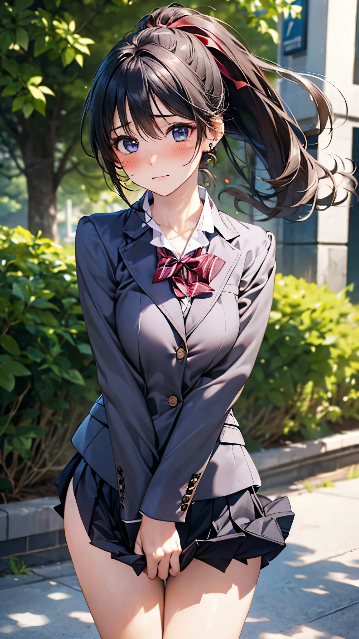 (masterpiece:1.2, top-quality), (realistic, photorealistic:1.4), beautiful illustration, (natural side lighting, movie lighting), ,
(looking at viewer), 1 girl, japanese, high school girl, perfect face, cute and symmetrical face, shiny skin, ,
(middle hair, high ponytail hair, black hair), hair between eyes, blue eyes, (middle breasts, seductive thighs, big ass), piercings,
beautiful hair, beautiful face, beautiful detailed eyes, beautiful clavicle, beautiful body, beautiful chest, beautiful thighs, beautiful legs,
(((navy blazer, close blazer), long sleeve white collared shirts, grey pleated mini skirt)), red bow tie, ,
(beautiful scenery), day time, park, (facing the front), (impatient expression, blushing cheeks, embarassed expression), (((skirt tug, wind lift))),