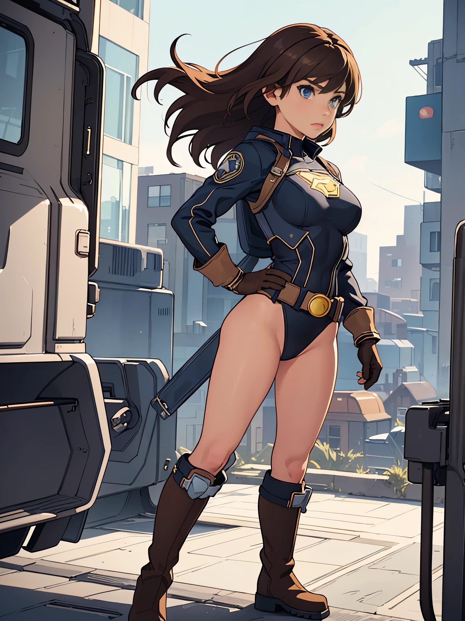 1girl, medium breasts, leotard, bare legs, fastened tight belt, 1belt, boots, matching boots, gloves, city backdrop, solo, single, hands on hip, standing, full body shot, cowboy shot, superhero, beautiful detailed eyes, mature lady, star symbol on chest, brown hair, high leg leotard