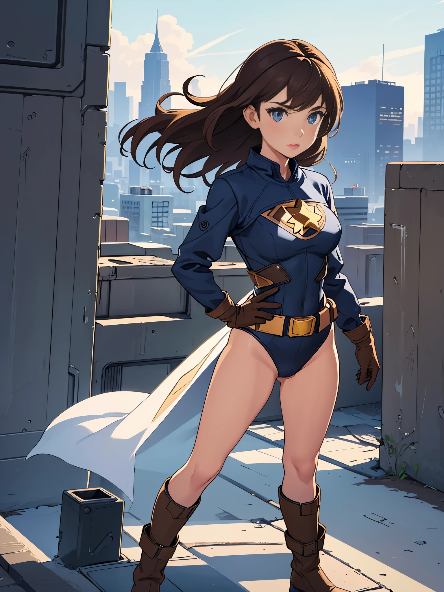 1girl, medium breasts, leotard, bare legs, fastened tight belt, 1belt, boots, matching boots, gloves, city backdrop, solo, single, hands on hip, standing, full body shot, cowboy shot, superhero, beautiful detailed eyes, mature lady, star symbol on chest, brown hair, high leg leotard