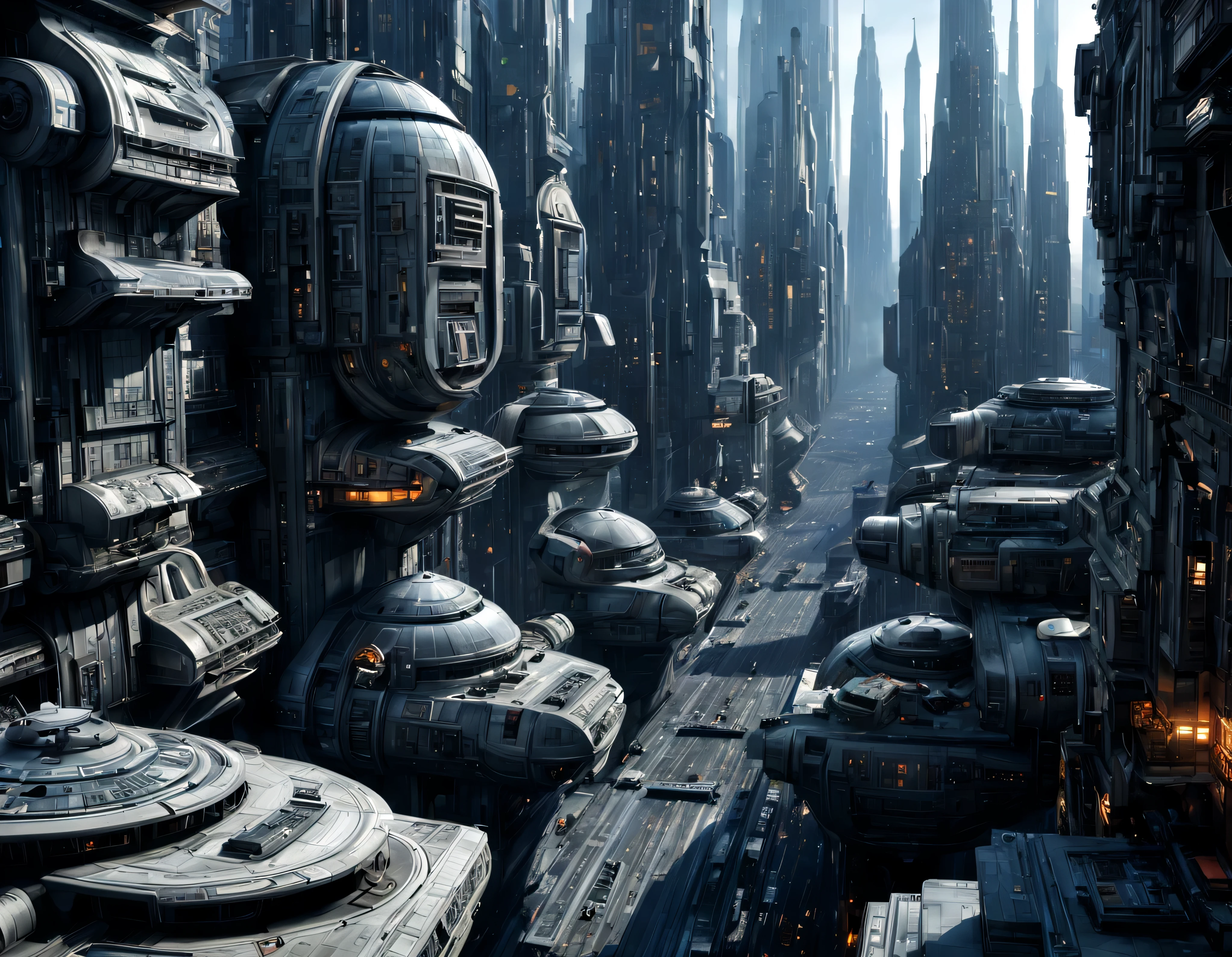 (The city of Coruscant from Star Wars as designed by Doug Chiang), futuristic fantasy city with immense buildings of technological design (que forman una avenida infinita), non-blurred compact buildings with metallic appearance, luces en ventanas en edificios, daylight lighting with sun, con estructuras acristaladas espectaculares, (con colores vivos). pavimento ensolado (sin brillo). gente paseando. imagen bien definida con muchos edificios juntos. sharp well defined 8k image. los edificios llegan alta el fondo.,8k. cinematographic image. ((obra maestra de superior calidad)). (renderizado 3D).