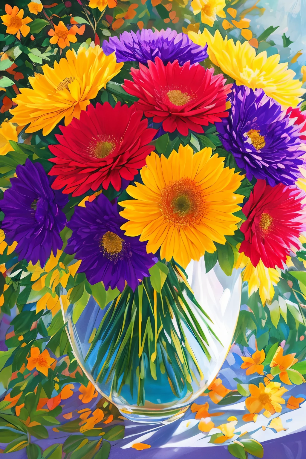 A breathtakingly realistic depiction of a radiant bouquet of blossoms, brimming with vibrant colors and the liveliness of nature. Each petal and leaf is intricately brought to life, displaying the delicate textures and intricate patterns unique to every bloom. The interplay of light and shadow imparts a sense of depth and dimension, as sunlight penetrates the transparent petals, casting dainty, sun-kissed shadows upon the adjacent foliage. The vibrant shades of red, yellow, and purple leap off the canvas, offering a visual banquet for the beholder's gaze. This lifelike masterpiece seizes the transient elegance of