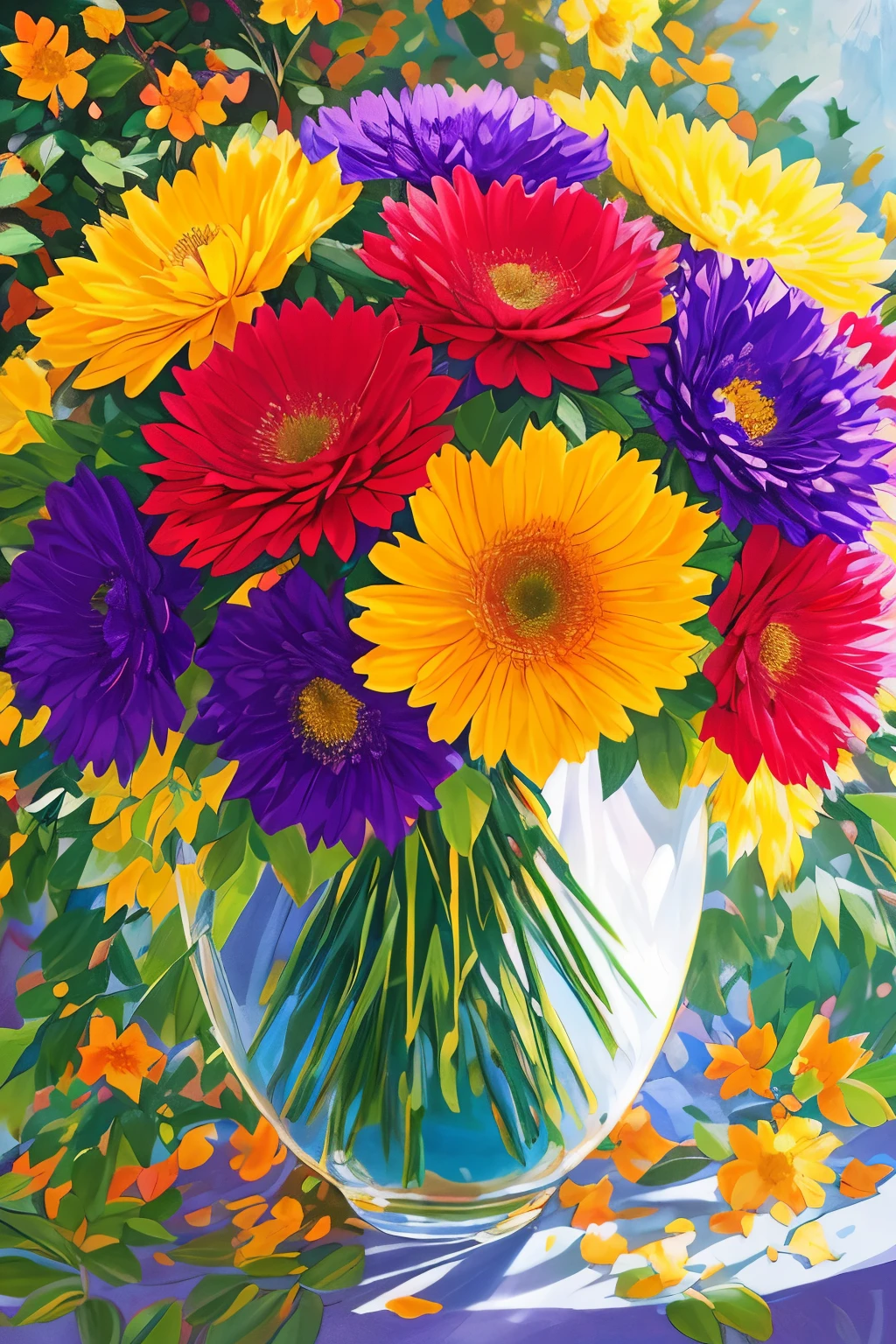 A breathtakingly realistic depiction of a radiant bouquet of blossoms, brimming with vibrant colors and the liveliness of nature. Each petal and leaf is intricately brought to life, displaying the delicate textures and intricate patterns unique to every bloom. The interplay of light and shadow imparts a sense of depth and dimension, as sunlight penetrates the transparent petals, casting dainty, sun-kissed shadows upon the adjacent foliage. The vibrant shades of red, yellow, and purple leap off the canvas, offering a visual banquet for the beholder's gaze. This lifelike masterpiece seizes the transient elegance of