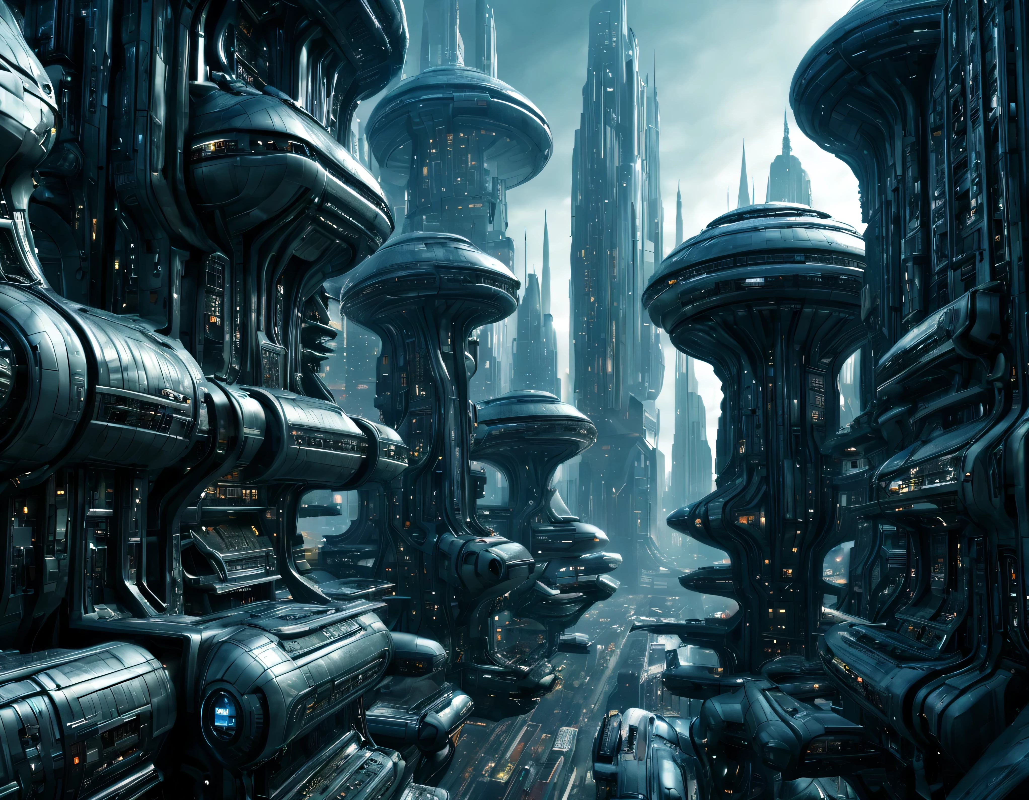 street of an extraterrestrial alien city with futuristic and technological architecture in its metal and glass conglomerado de buildings, some aliens walking around, ventanas iluminadas, all full of imagination, science fiction and (intrincados detalles de la maquina).imagen fotorrealista, Maximum sharpness, calidad 8k.(obra maestra de calidad superior). 3D.